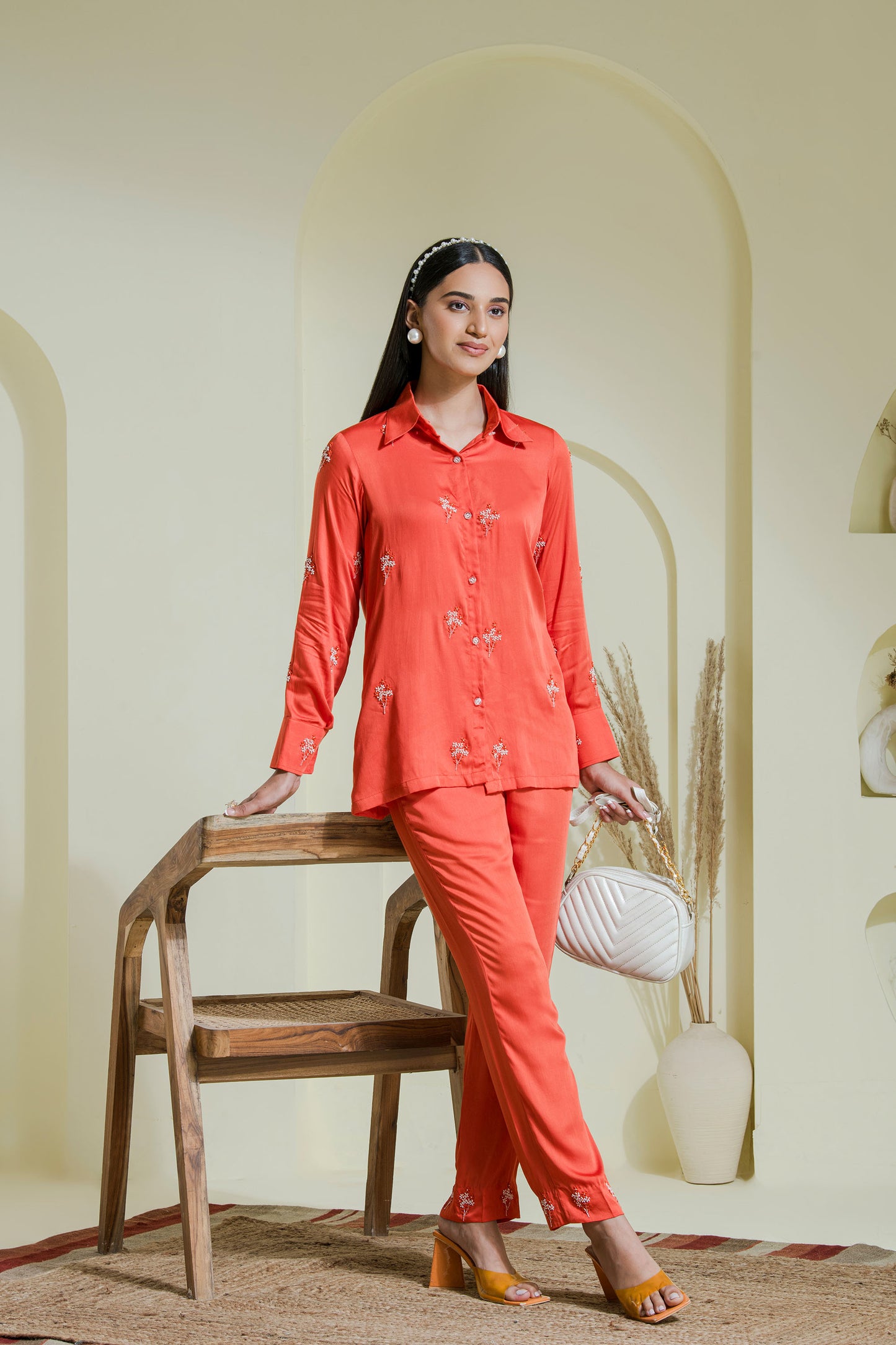 Vivid orange embroidered satin co-ord set