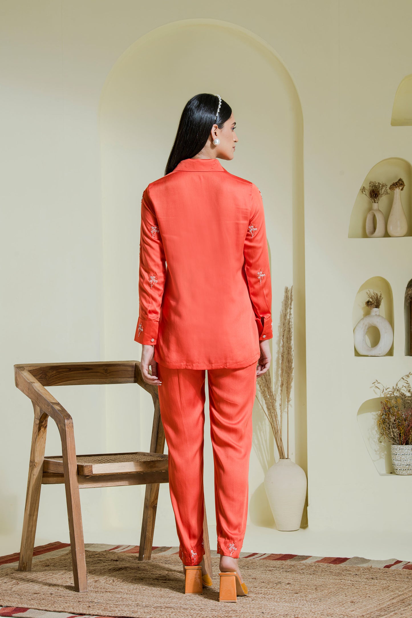 Vivid orange embroidered satin co-ord set