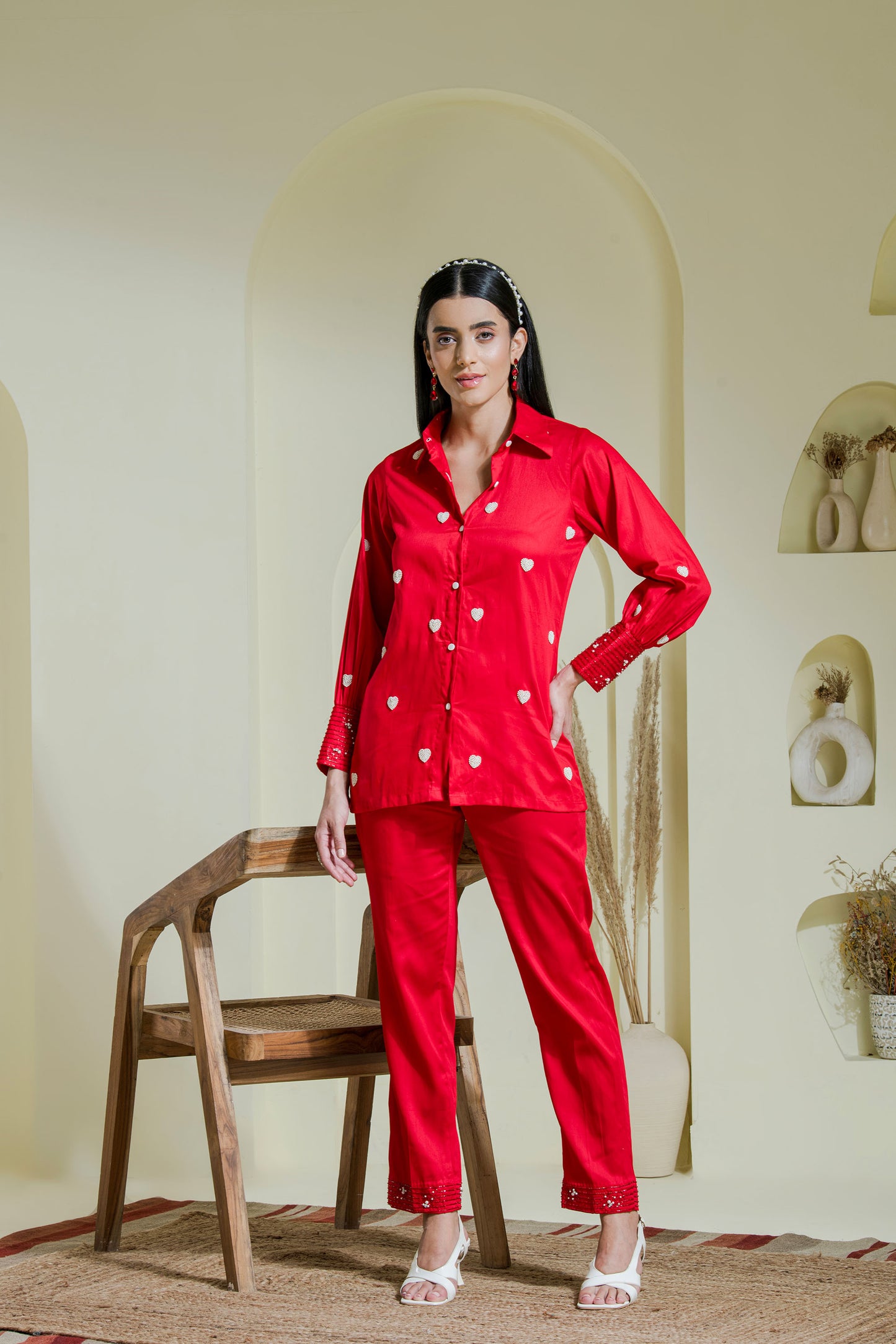 Crimson red heart embroidered co-ord set