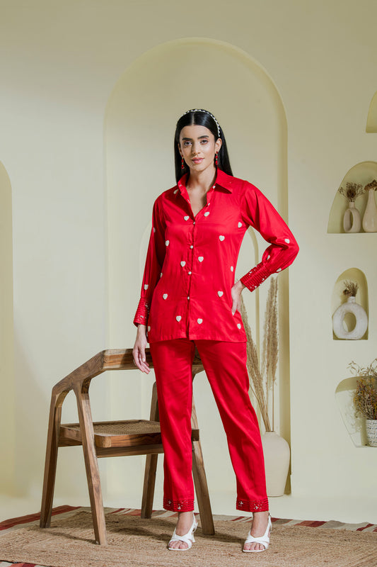 Crimson red heart embroidered co-ord set