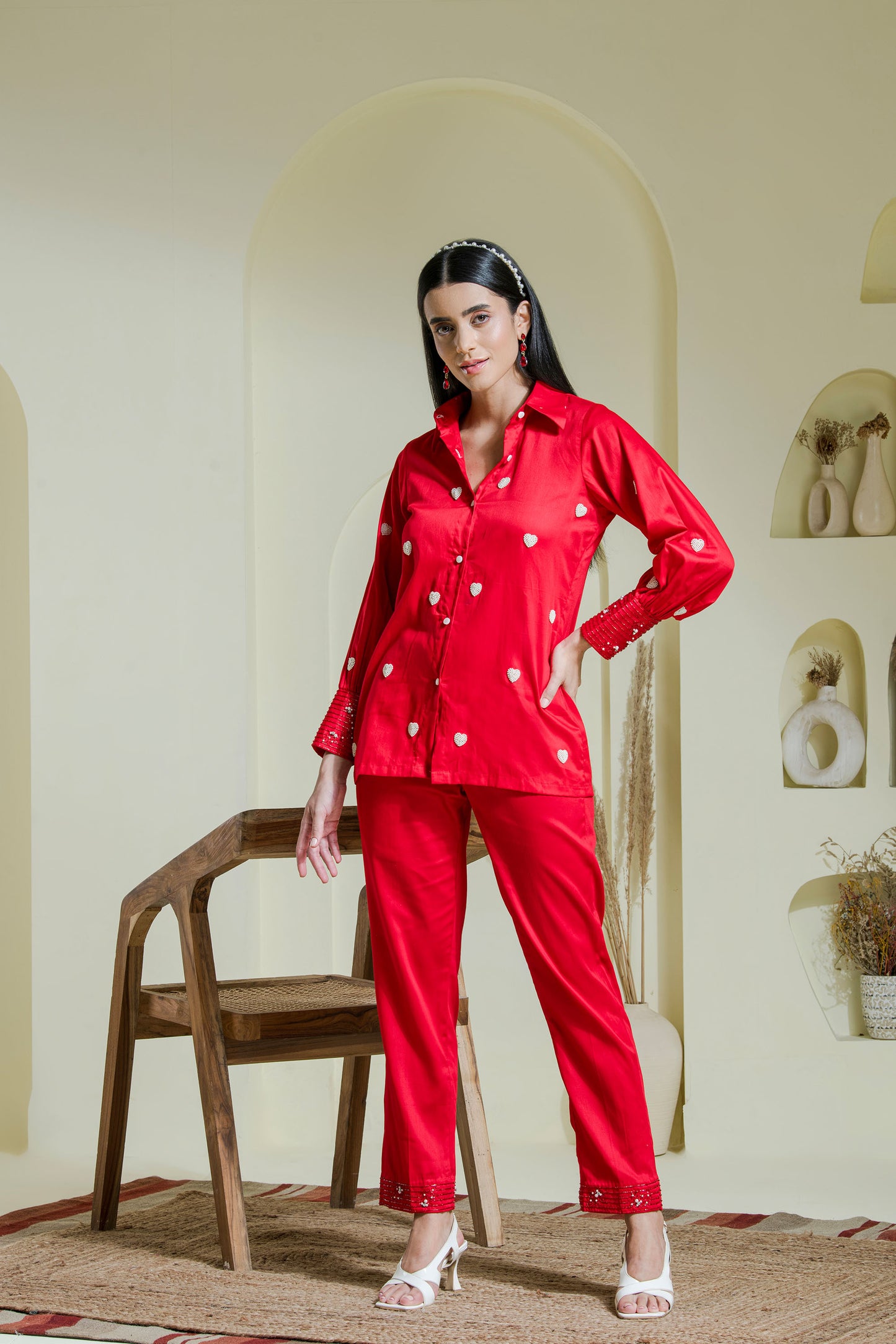 Crimson red heart embroidered co-ord set