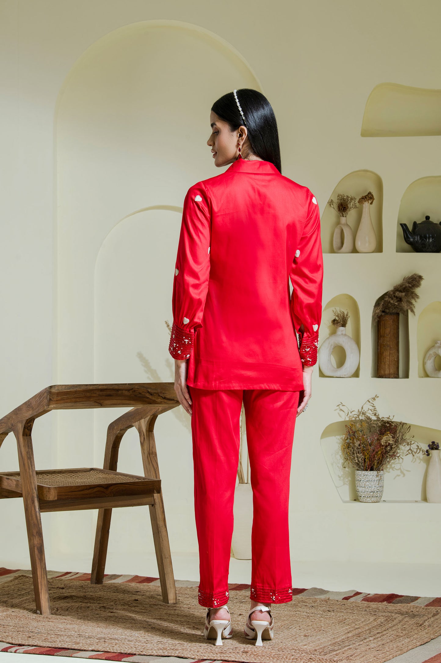 Crimson red heart embroidered co-ord set