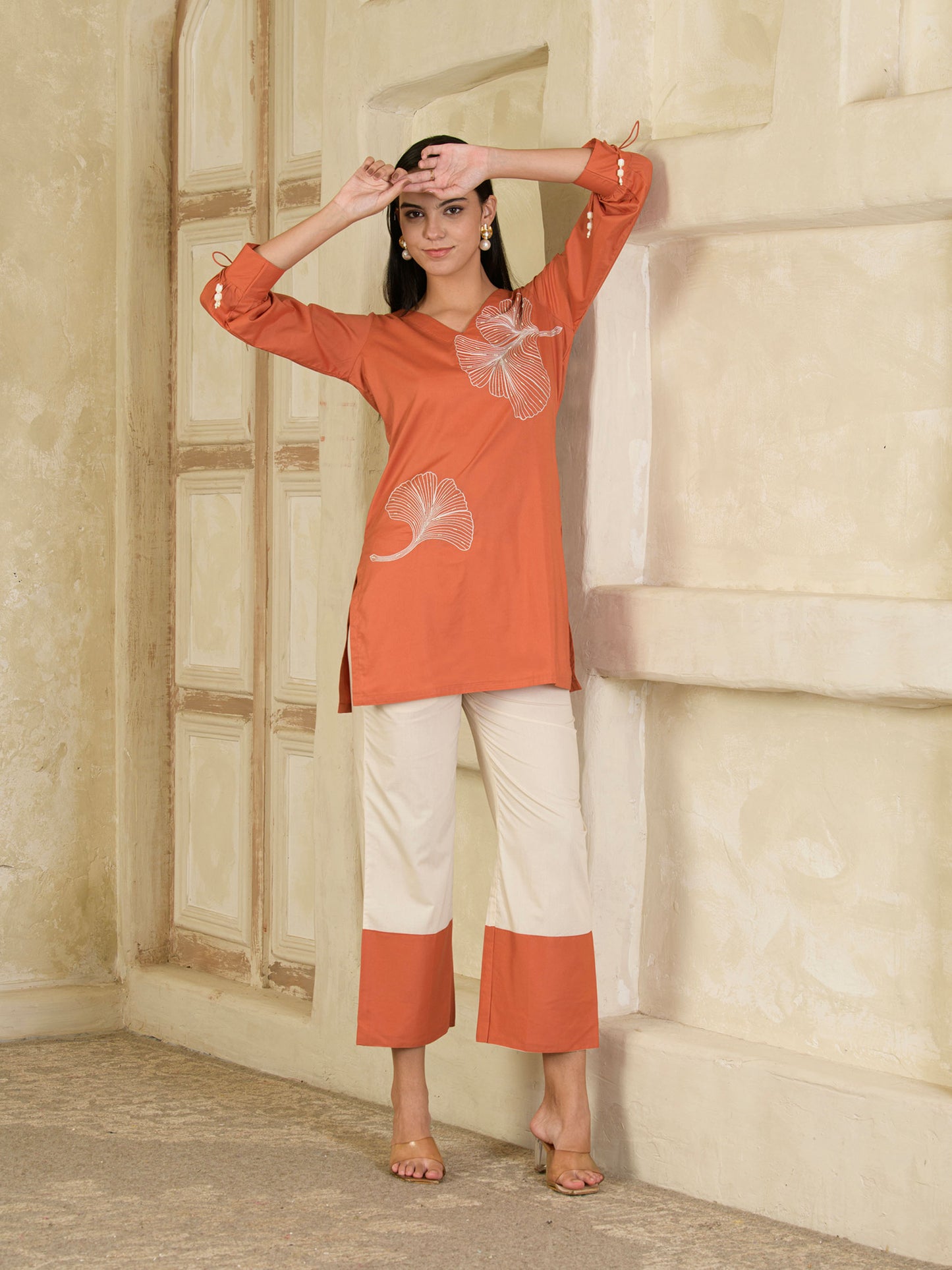 Rust & Beige Hand Embroidered Co-ord ( Set of 2 )