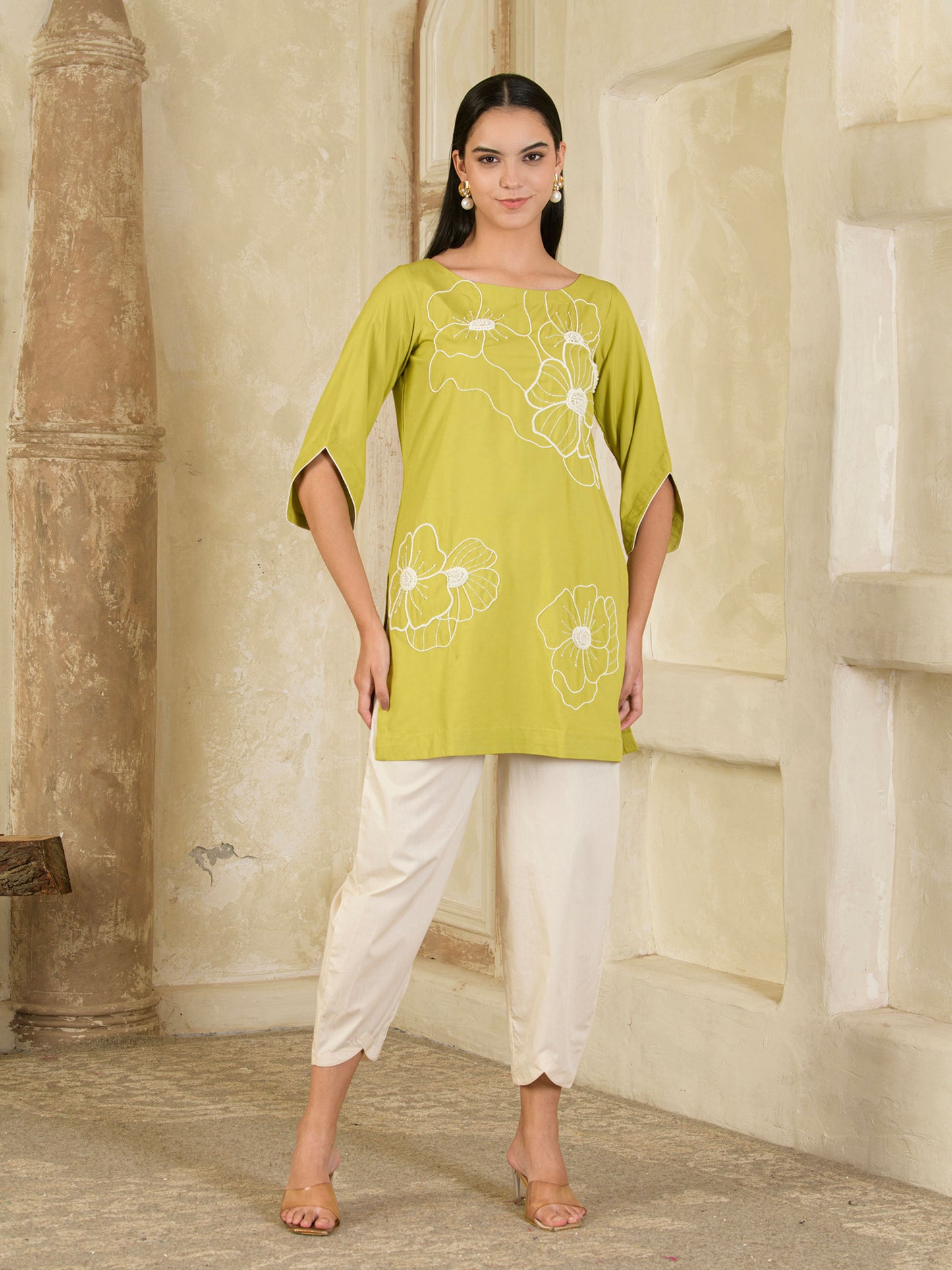 Green & Beige Hand Embroidered Co-ord ( Set of 2 )