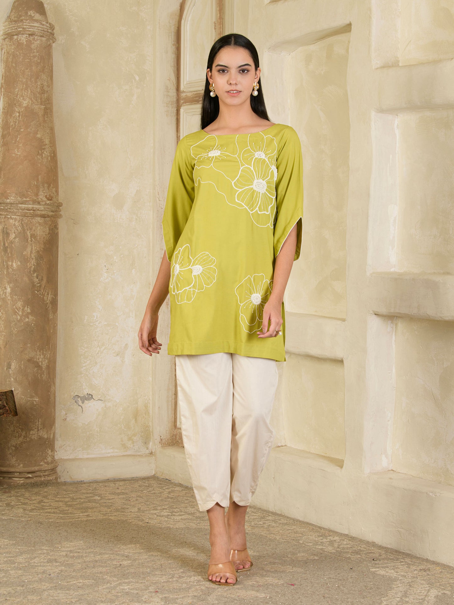 Green & Beige Hand Embroidered Co-ord ( Set of 2 )