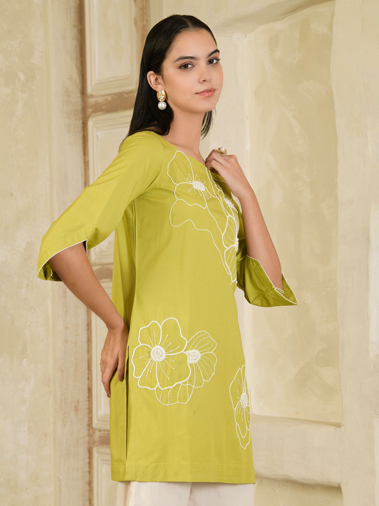 Green & Beige Hand Embroidered Co-ord ( Set of 2 )