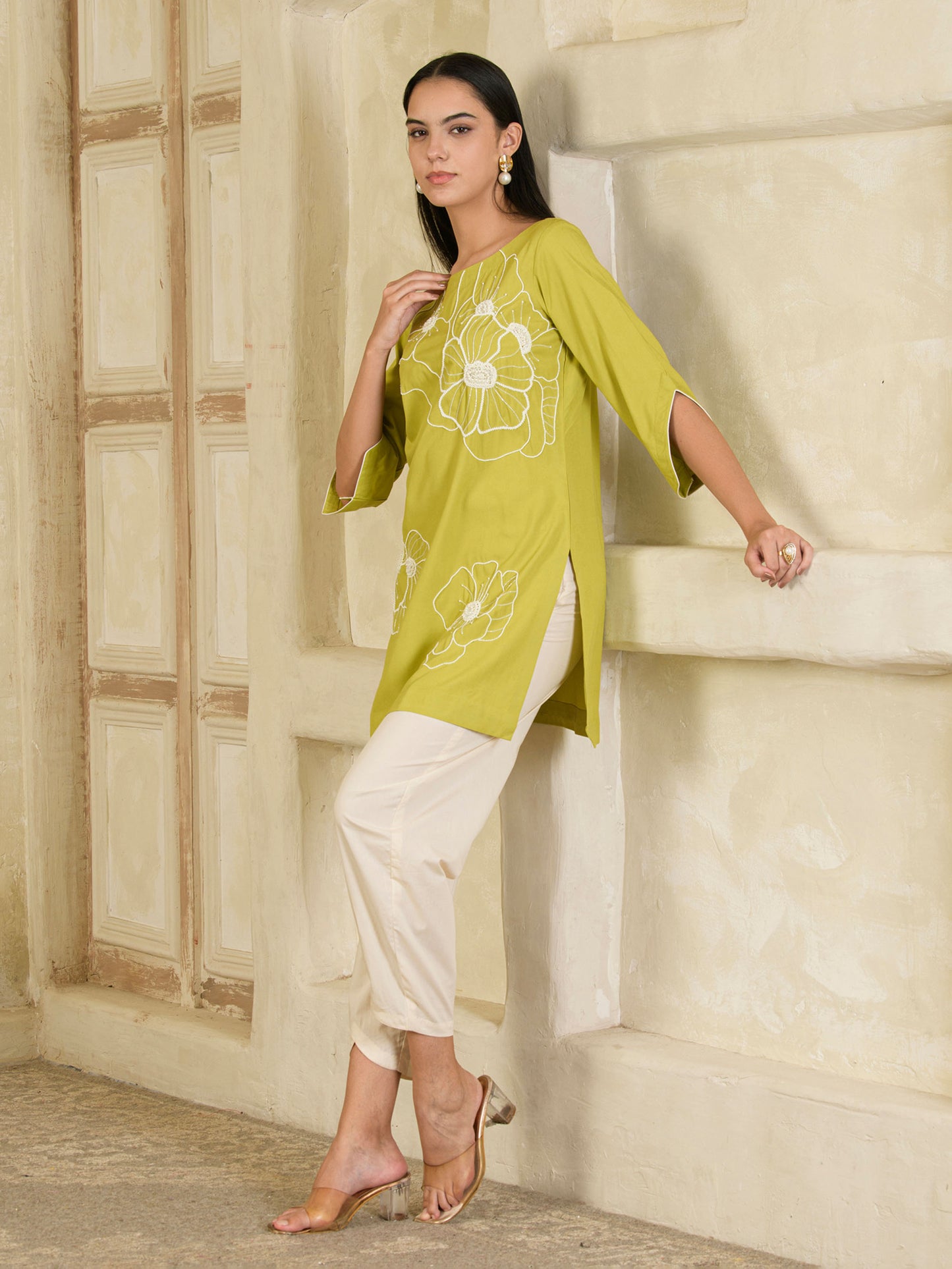 Green & Beige Hand Embroidered Co-ord ( Set of 2 )