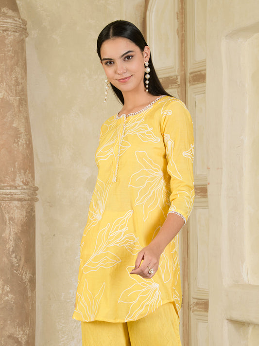 Yellow Embroidered Chanderi Co-ord ( Set of 2 )