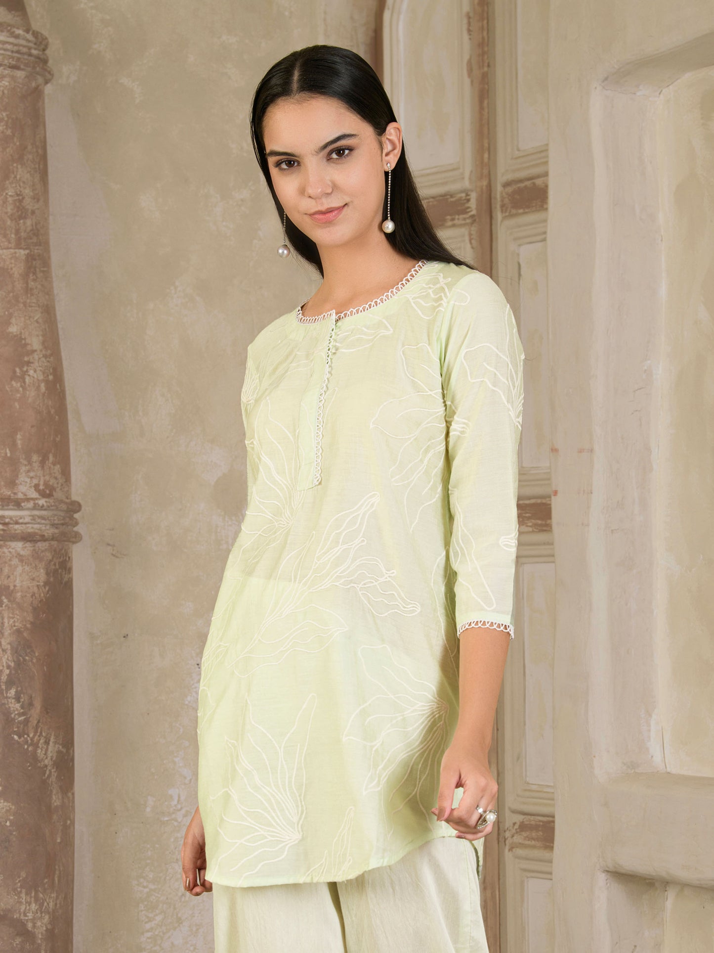 Pastel Green Embroidered Chanderi Co-ord ( Set of 2 )