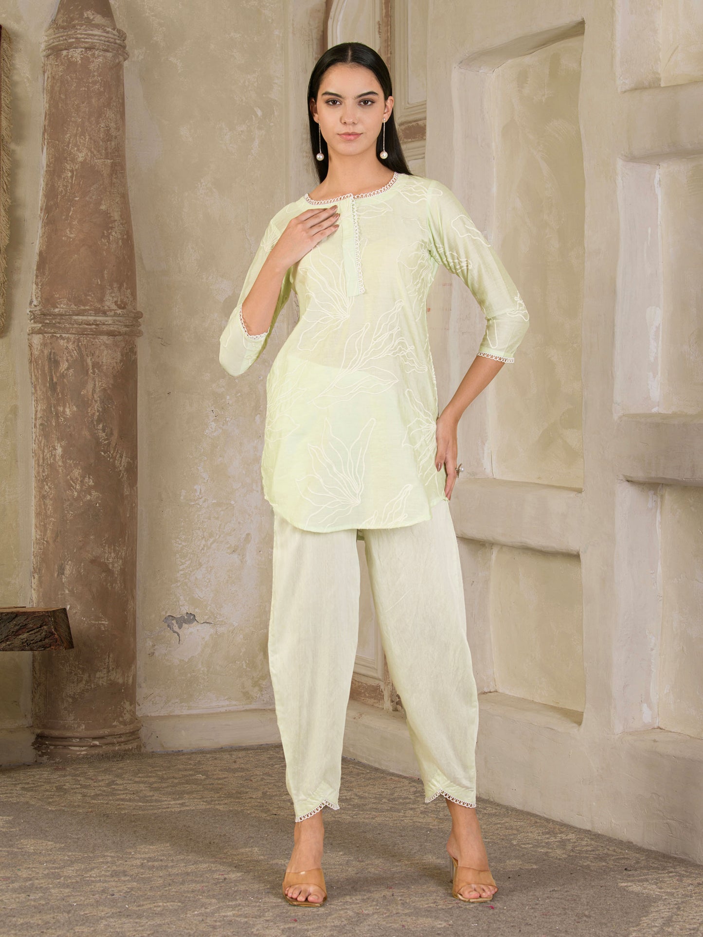 Pastel Green Embroidered Chanderi Co-ord ( Set of 2 )