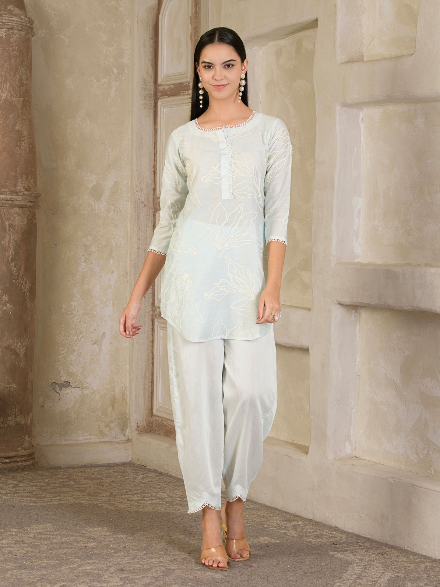 Pastel Blue Embroidered Chanderi Co-ord ( Set of 2 )