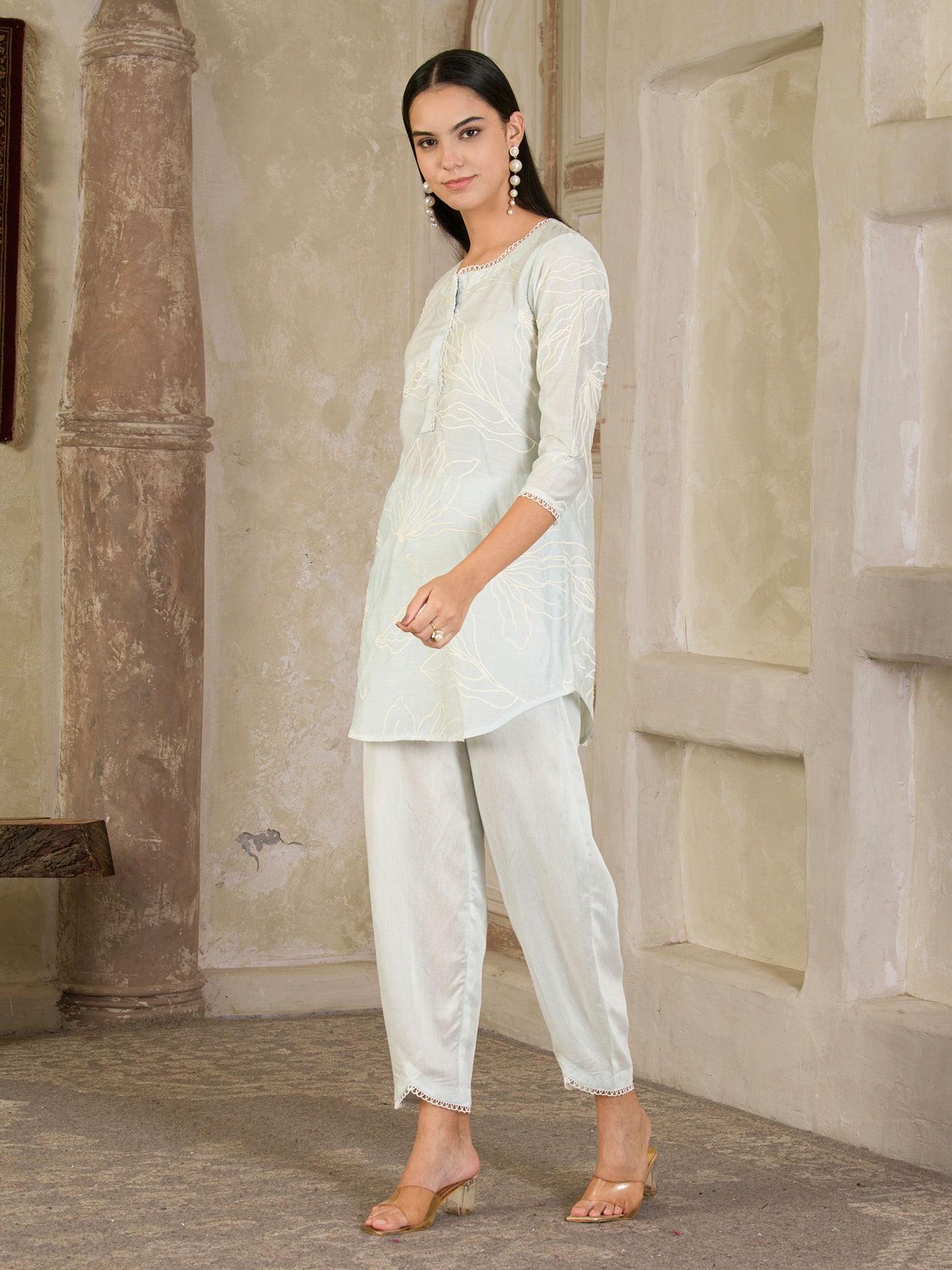 Pastel Blue Embroidered Chanderi Co-ord ( Set of 2 )