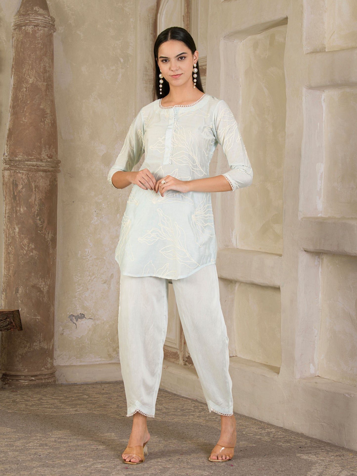 Pastel Blue Embroidered Chanderi Co-ord ( Set of 2 )