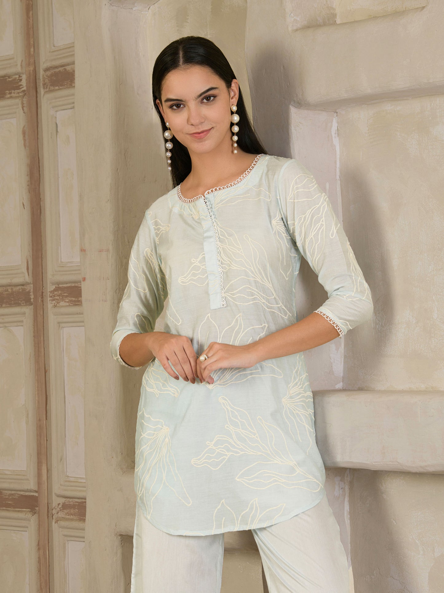 Pastel Blue Embroidered Chanderi Co-ord ( Set of 2 )