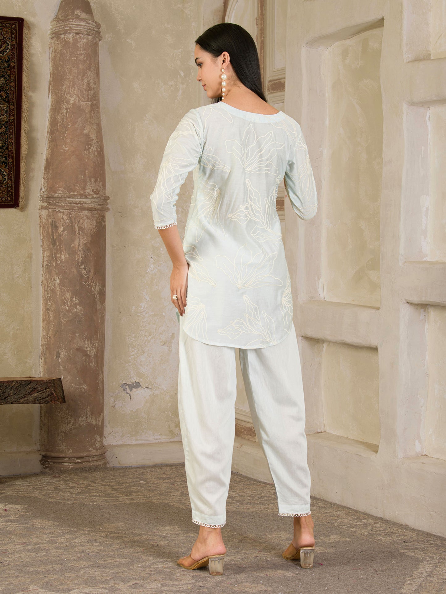 Pastel Blue Embroidered Chanderi Co-ord ( Set of 2 )
