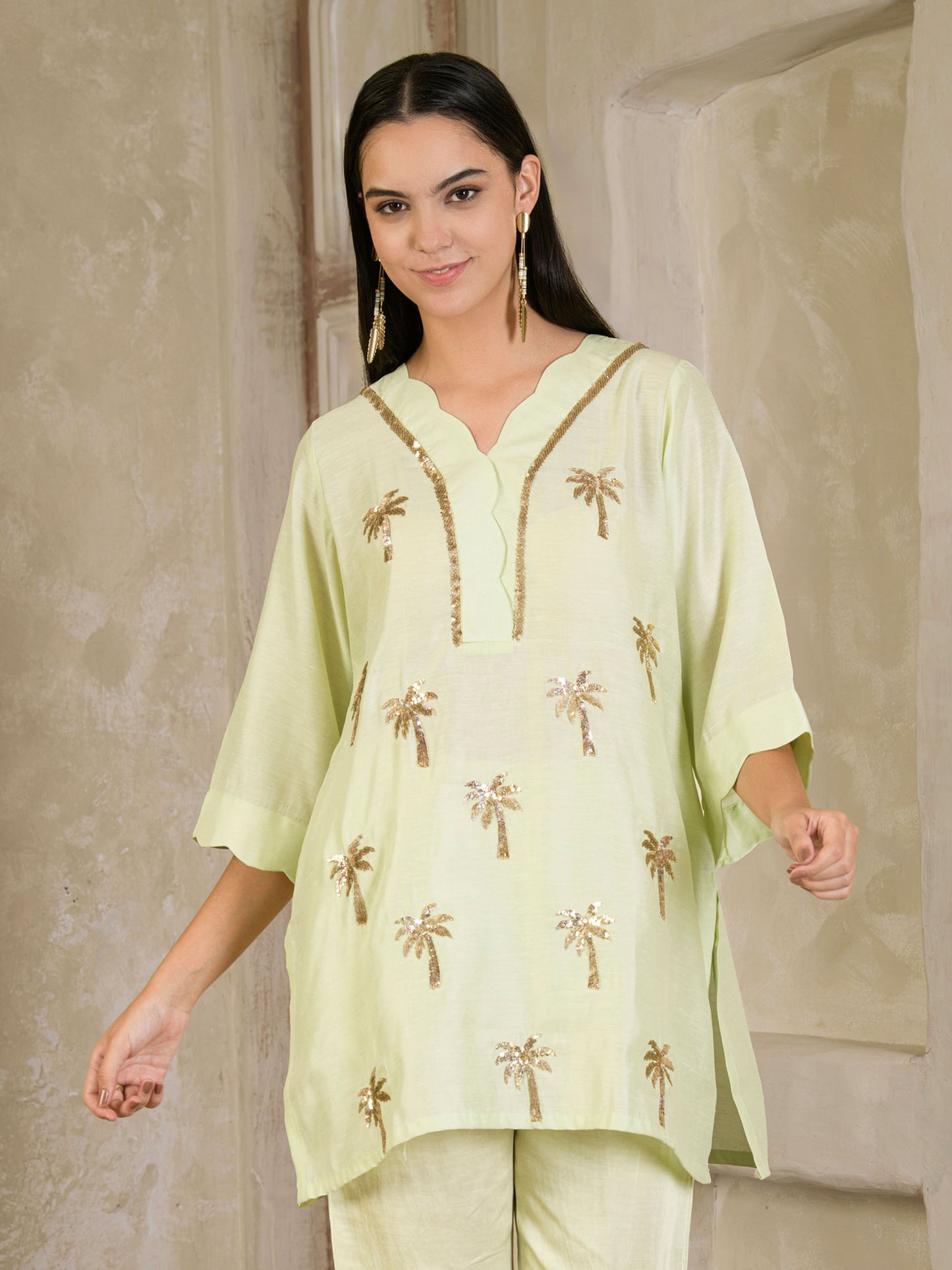 Pista Green Hand Embroidered Chanderi Co-ord (set of 2 )