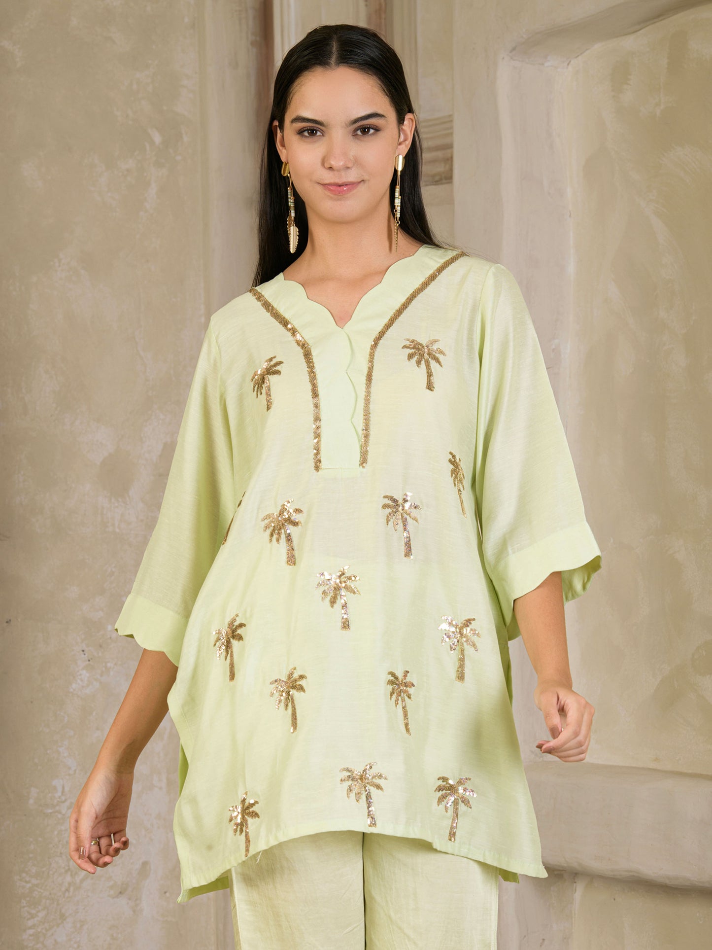 Pista Green Hand Embroidered Chanderi Co-ord (set of 2 )