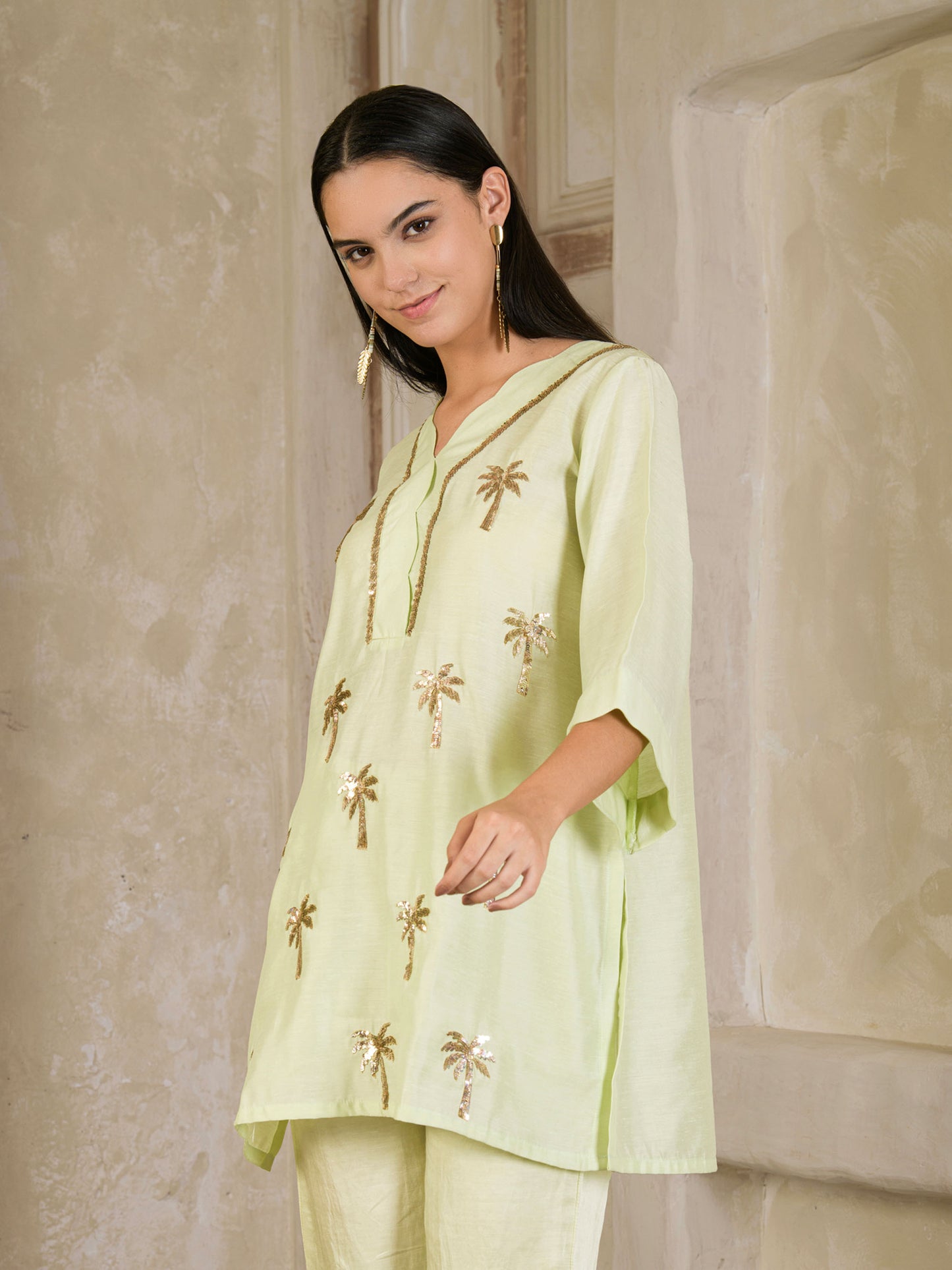 Pista Green Hand Embroidered Chanderi Co-ord (set of 2 )