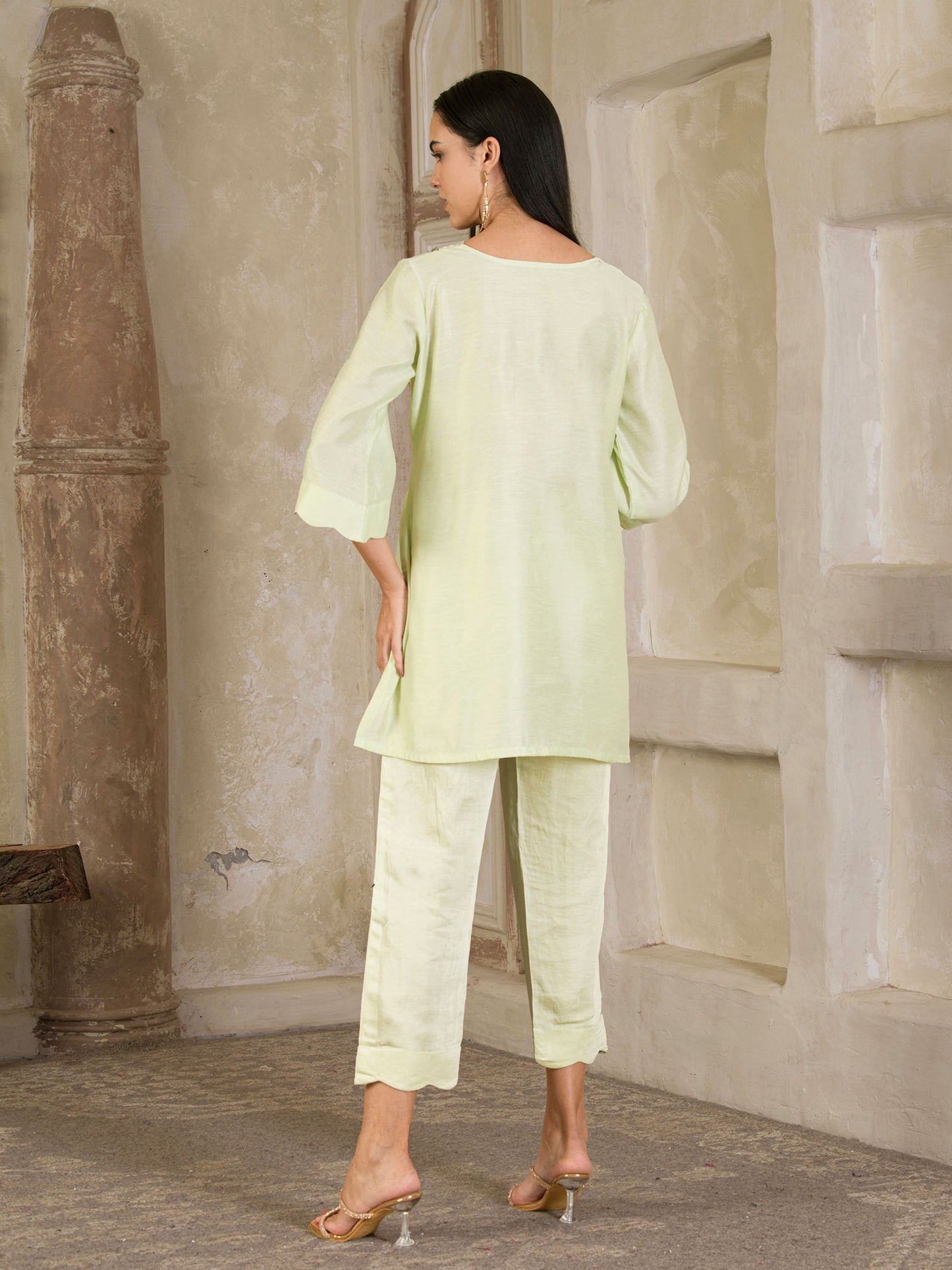 Pista Green Hand Embroidered Chanderi Co-ord (set of 2 )