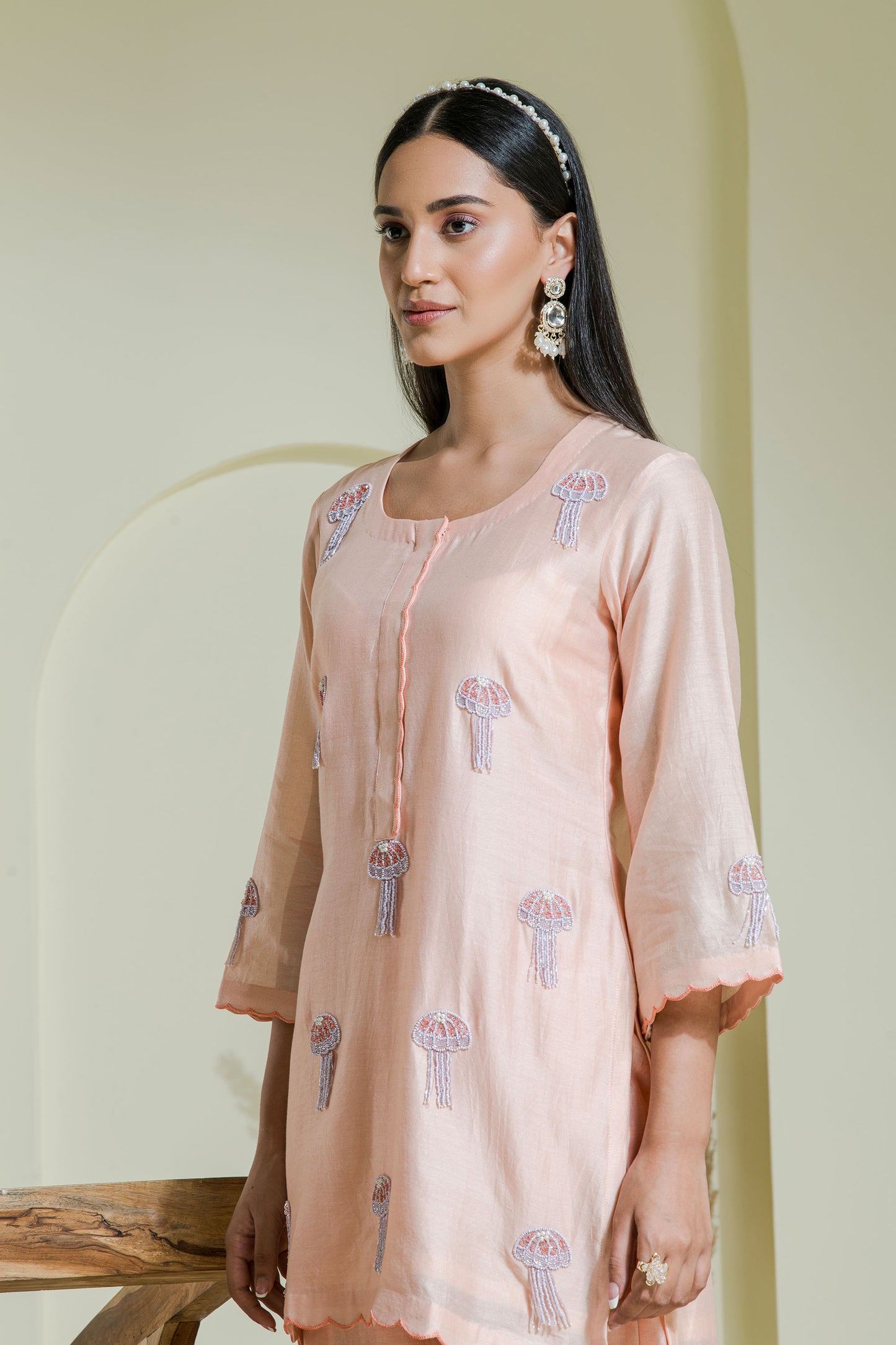 peach & lilac hand embroidered 2 piece kurta set