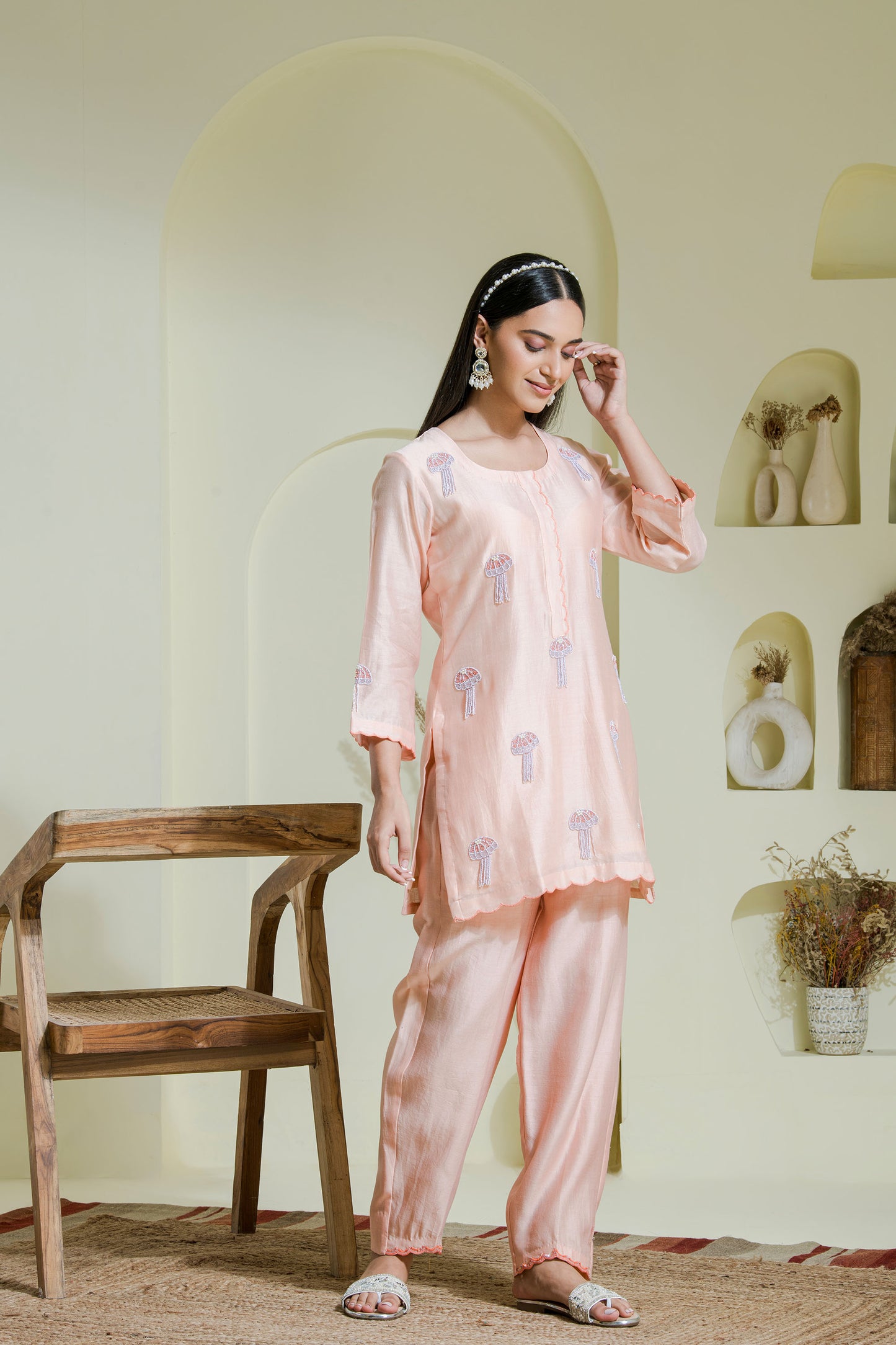 peach & lilac hand embroidered 2 piece kurta set