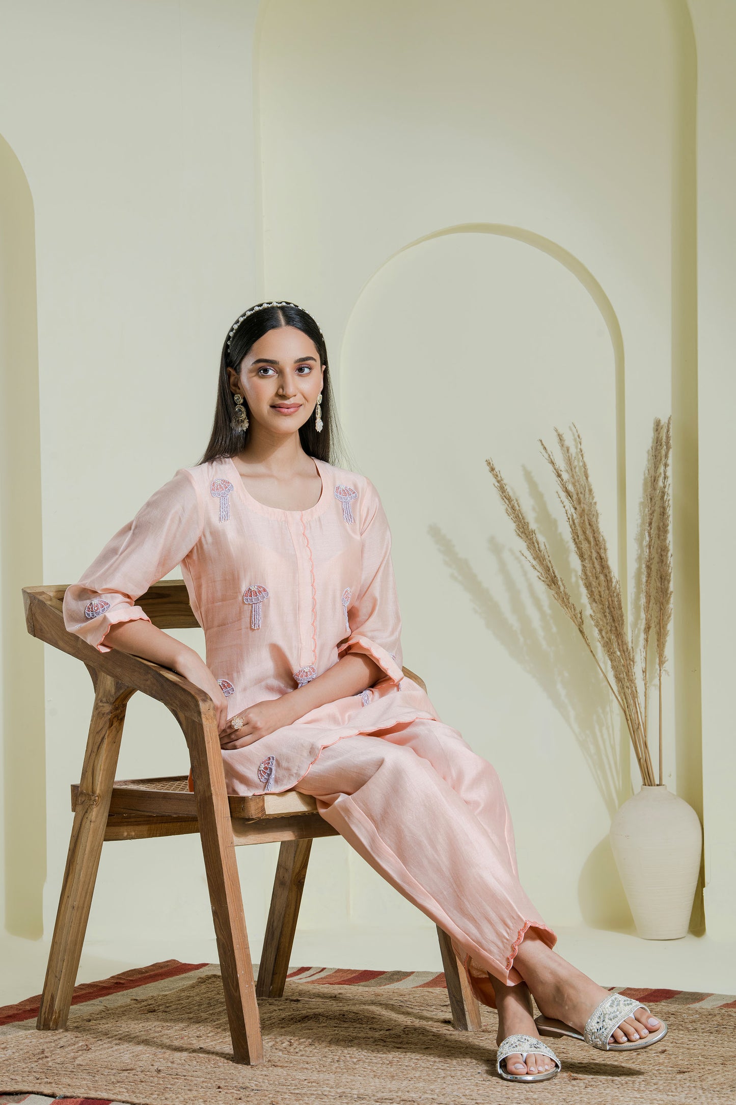 peach & lilac hand embroidered 2 piece kurta set