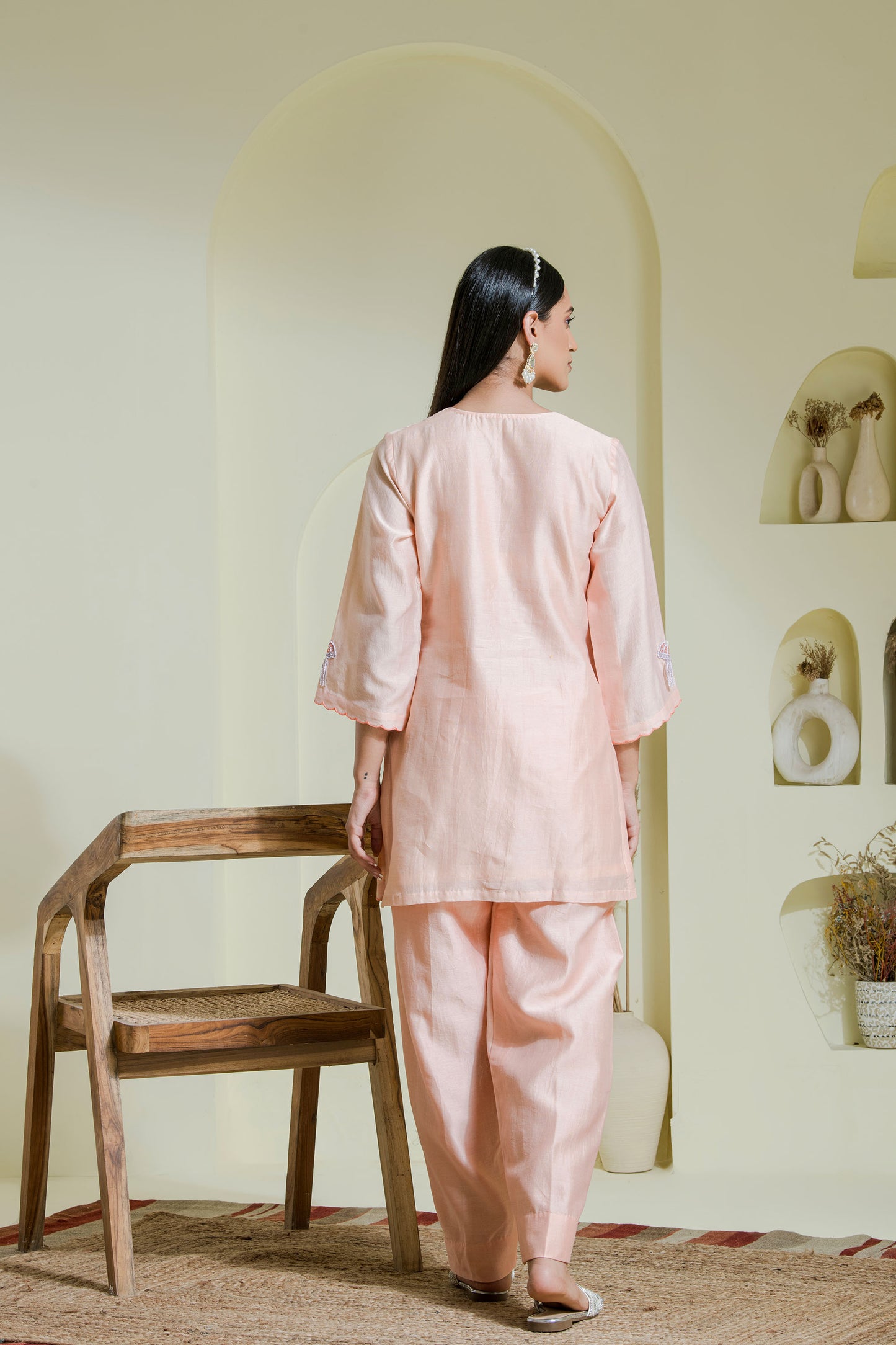 peach & lilac hand embroidered 2 piece kurta set