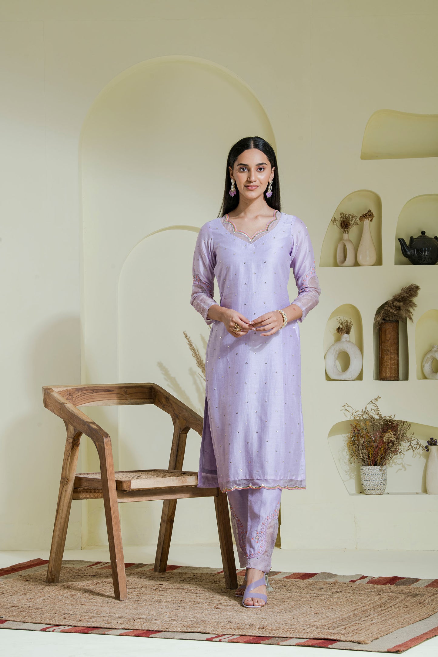 lavender 2 piece hand embroidered kurta set