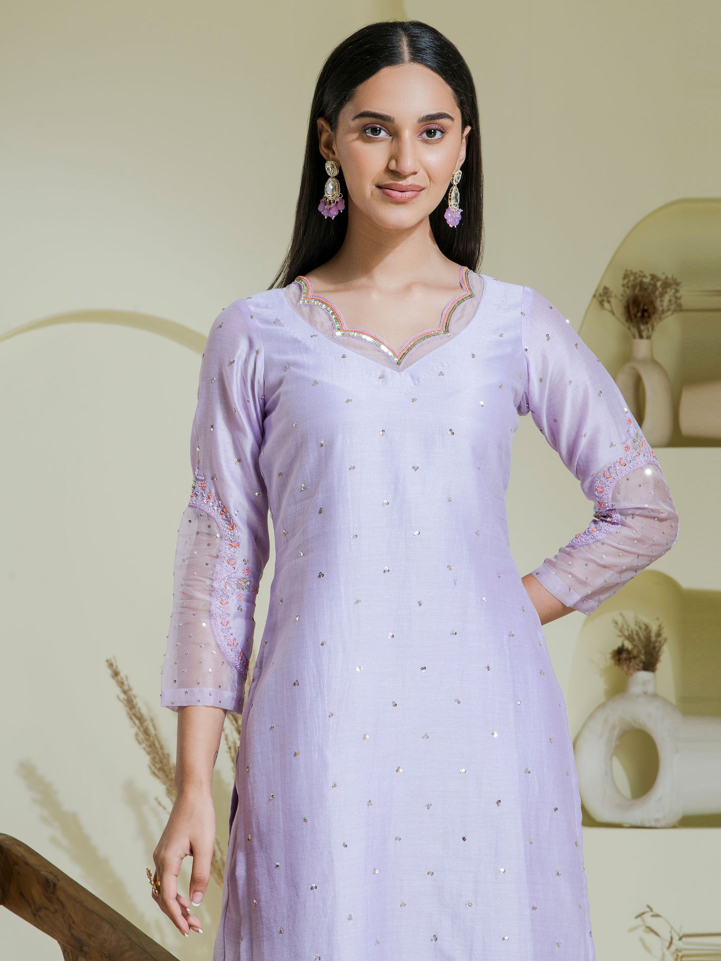 lavender 2 piece hand embroidered kurta set
