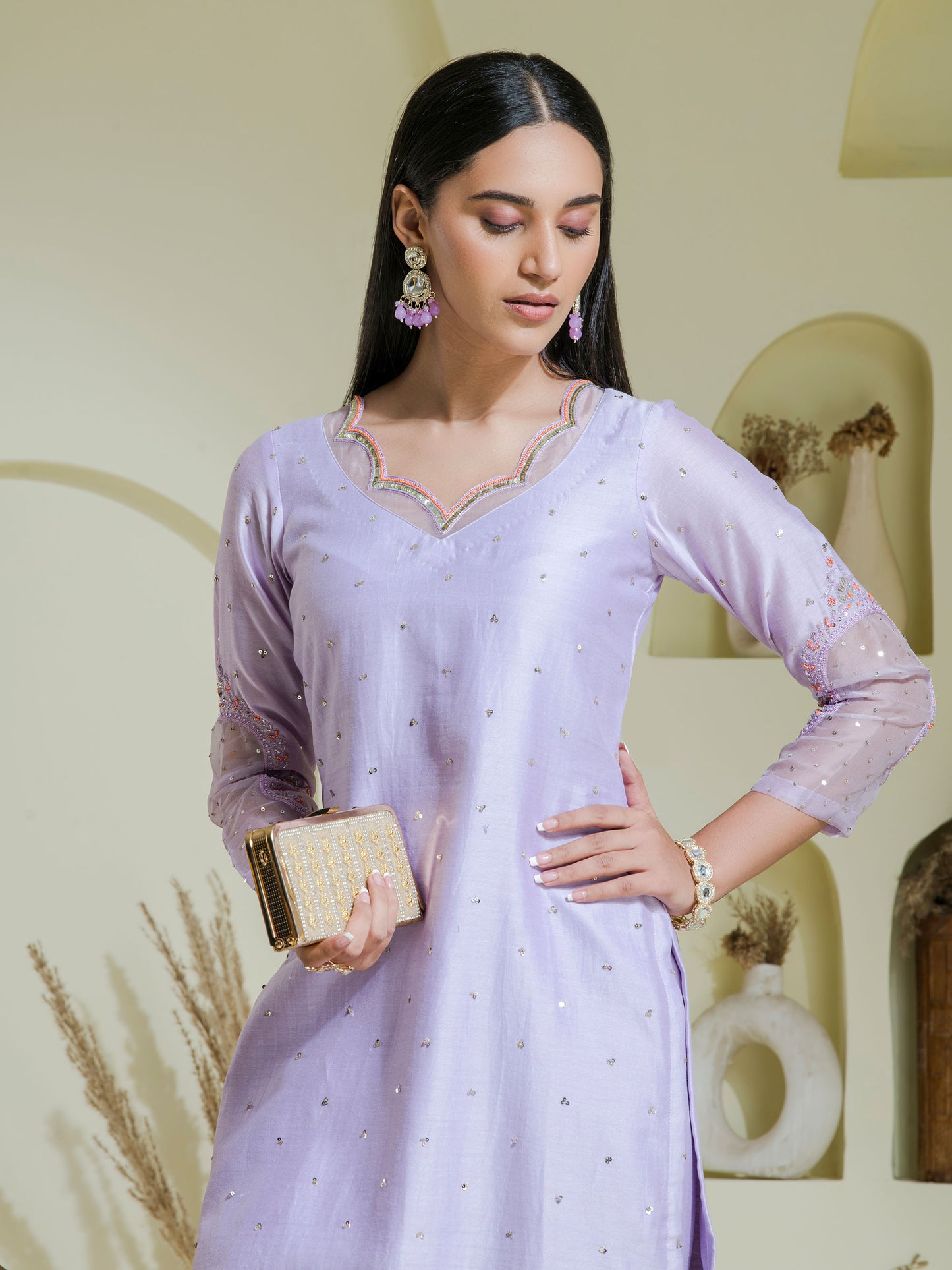 lavender 2 piece hand embroidered kurta set