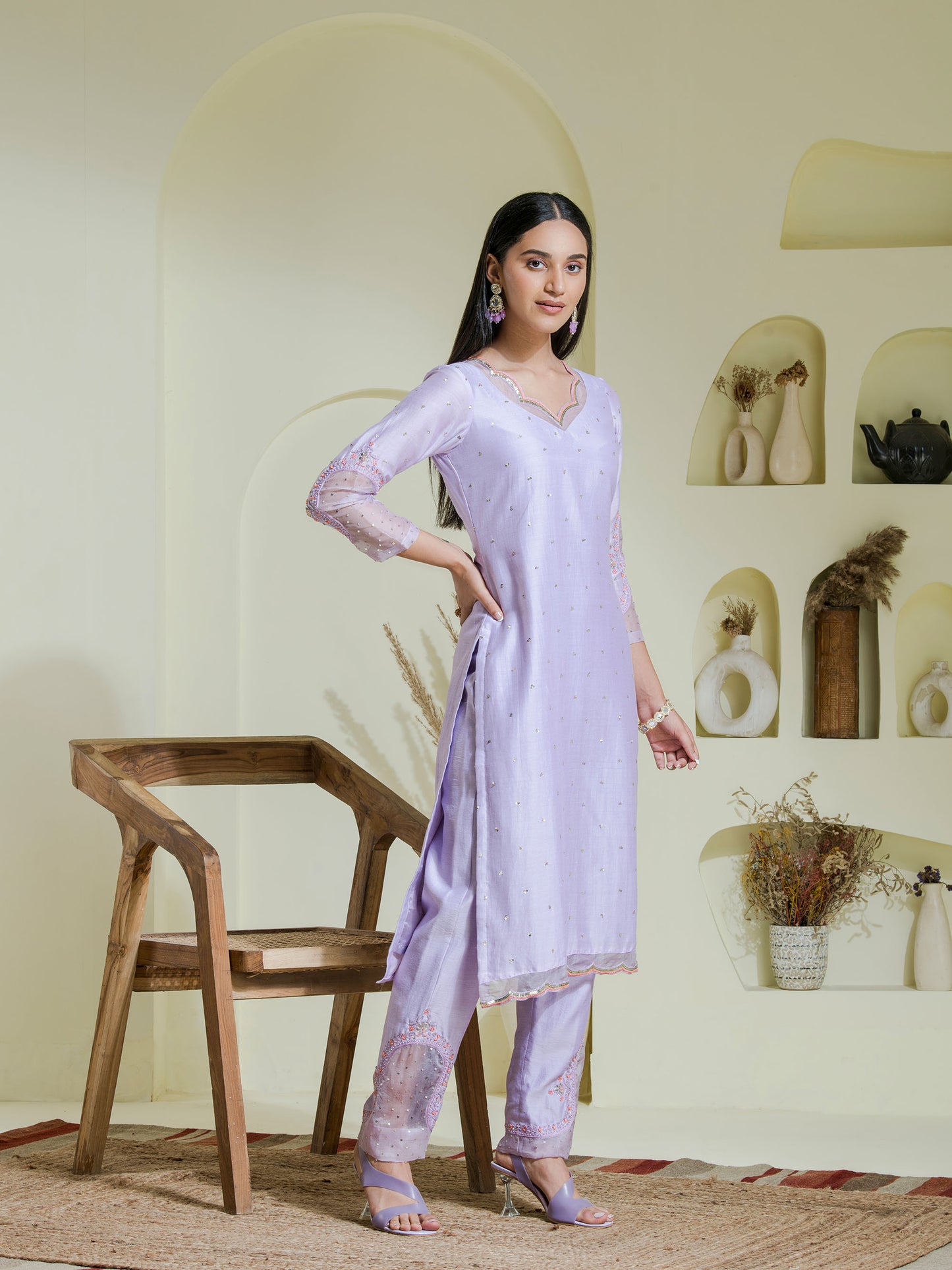 lavender 2 piece hand embroidered kurta set