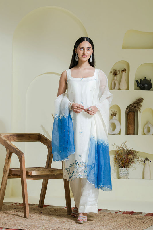 white & blue hand embroidered 3 piece kurta set