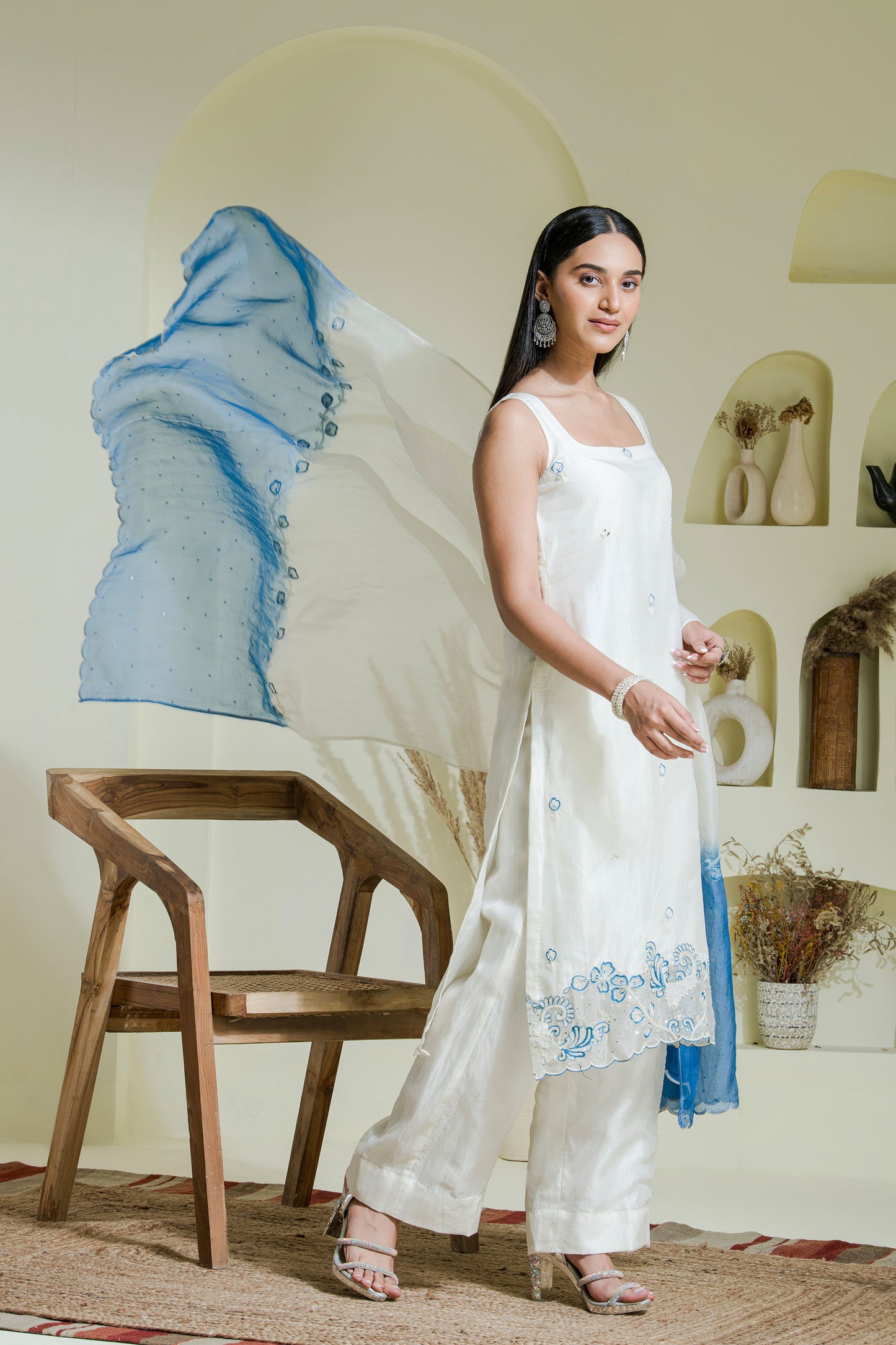 white & blue hand embroidered 3 piece kurta set
