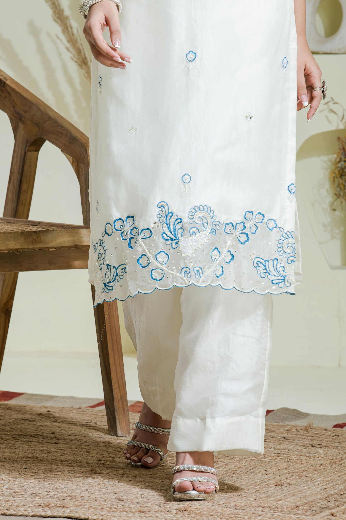 white & blue hand embroidered 3 piece kurta set