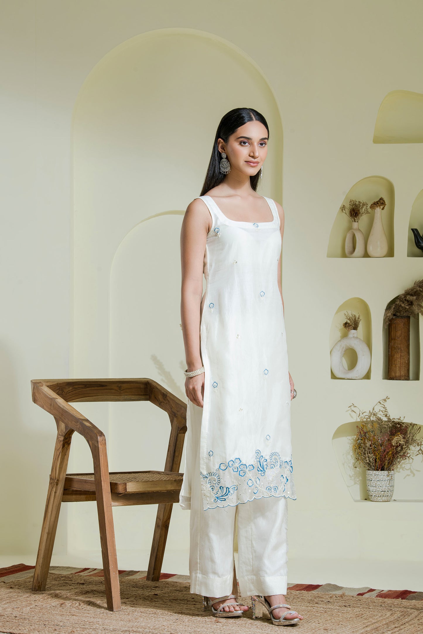 white & blue hand embroidered 3 piece kurta set