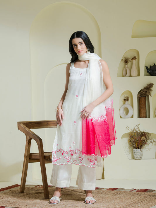 white & pink hand embroidered three piece kurta set