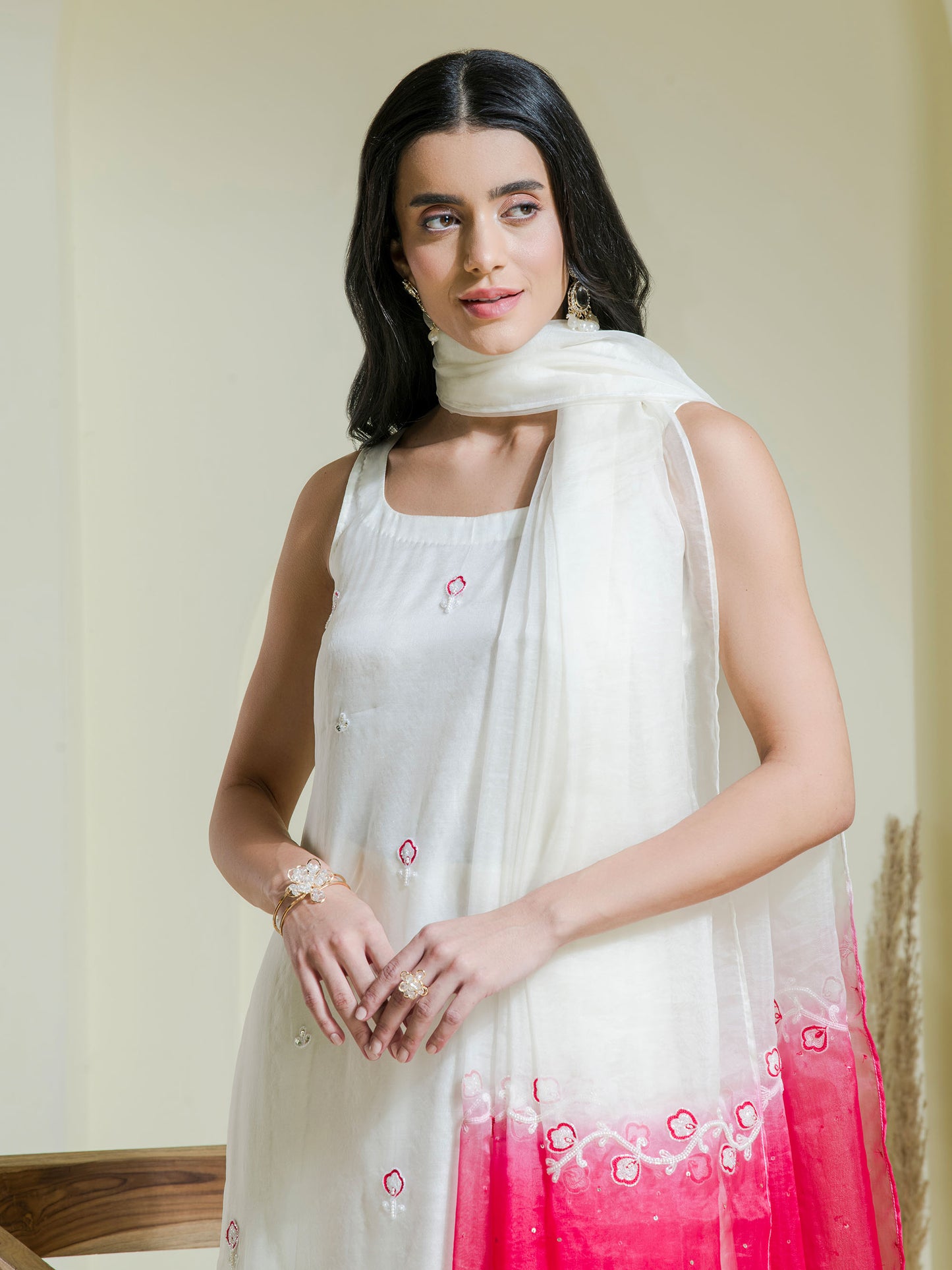 white & pink hand embroidered three piece kurta set