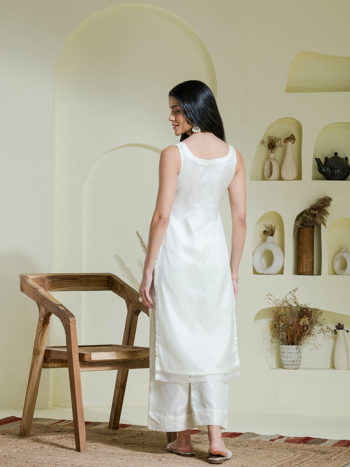 white & pink hand embroidered three piece kurta set