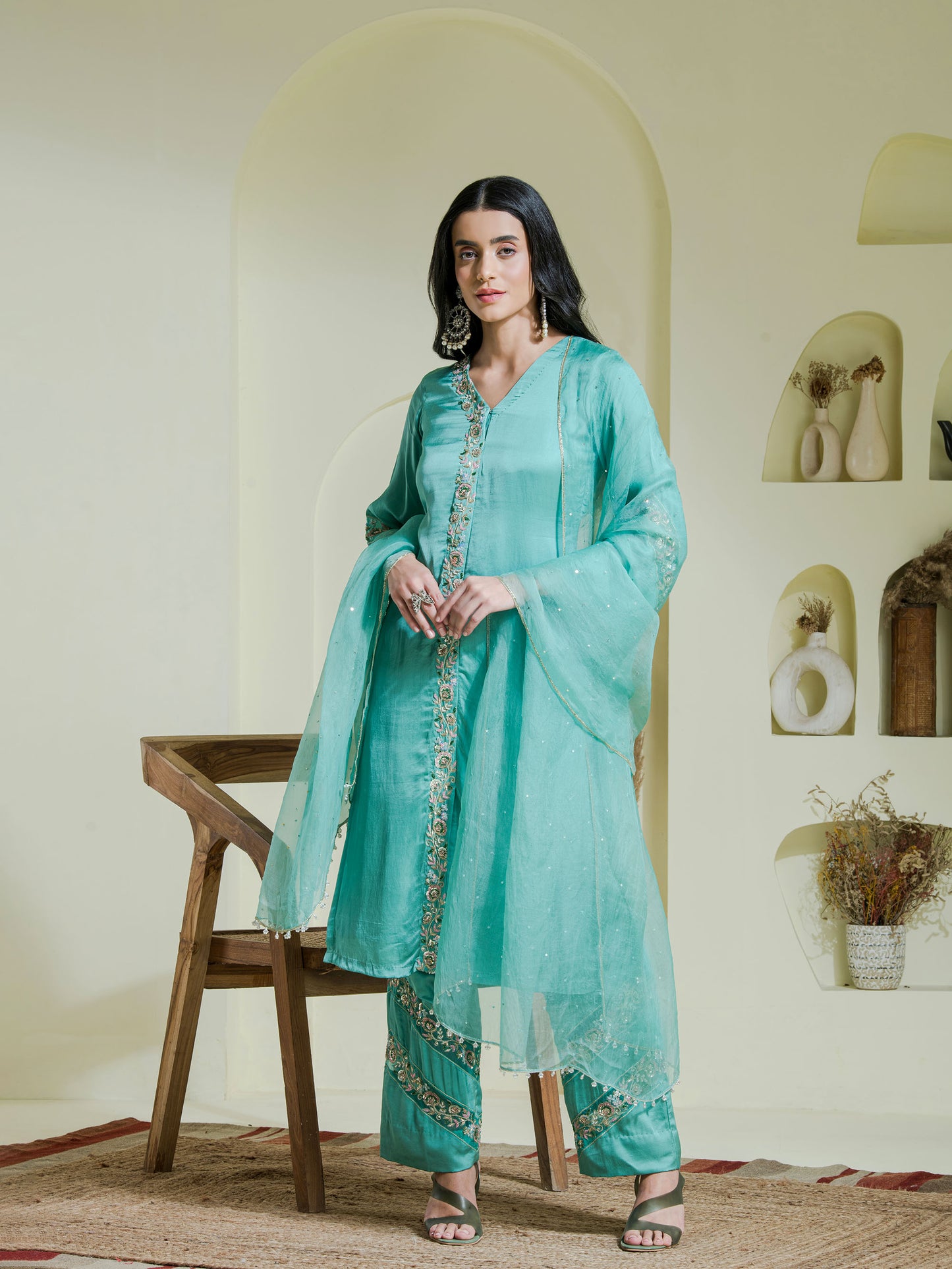sea green hand embroidered three piece kurta set
