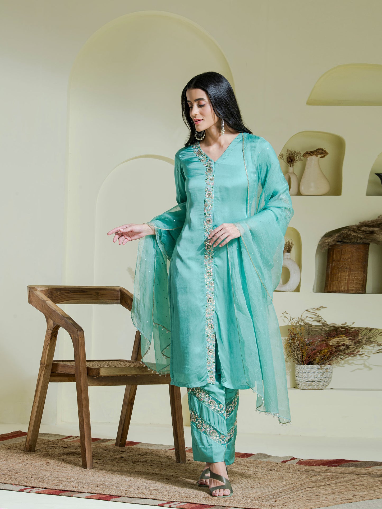 sea green hand embroidered three piece kurta set