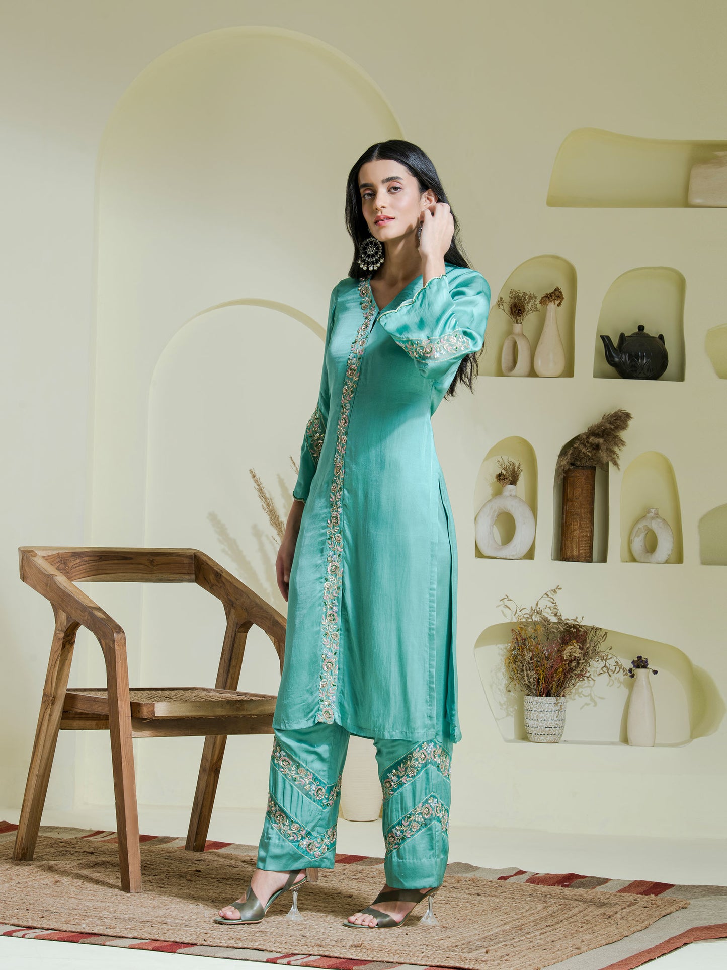 sea green hand embroidered three piece kurta set
