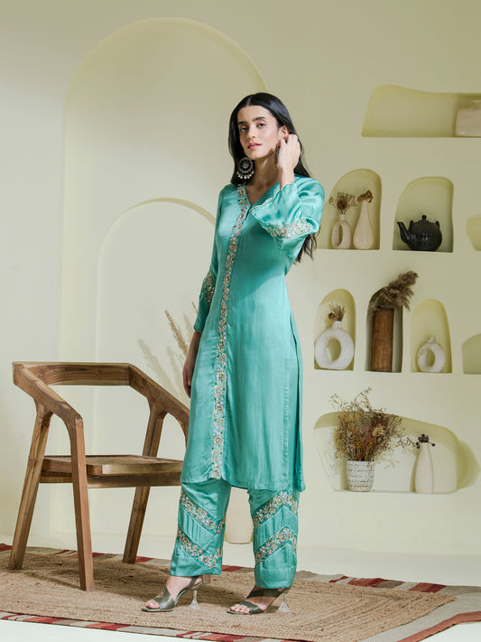 sea green hand embroidered three piece kurta set
