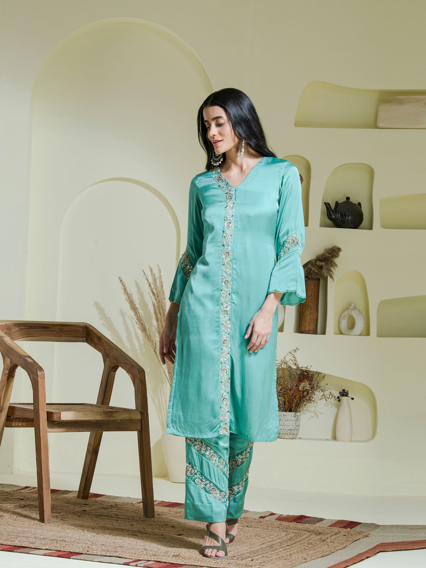 sea green hand embroidered three piece kurta set