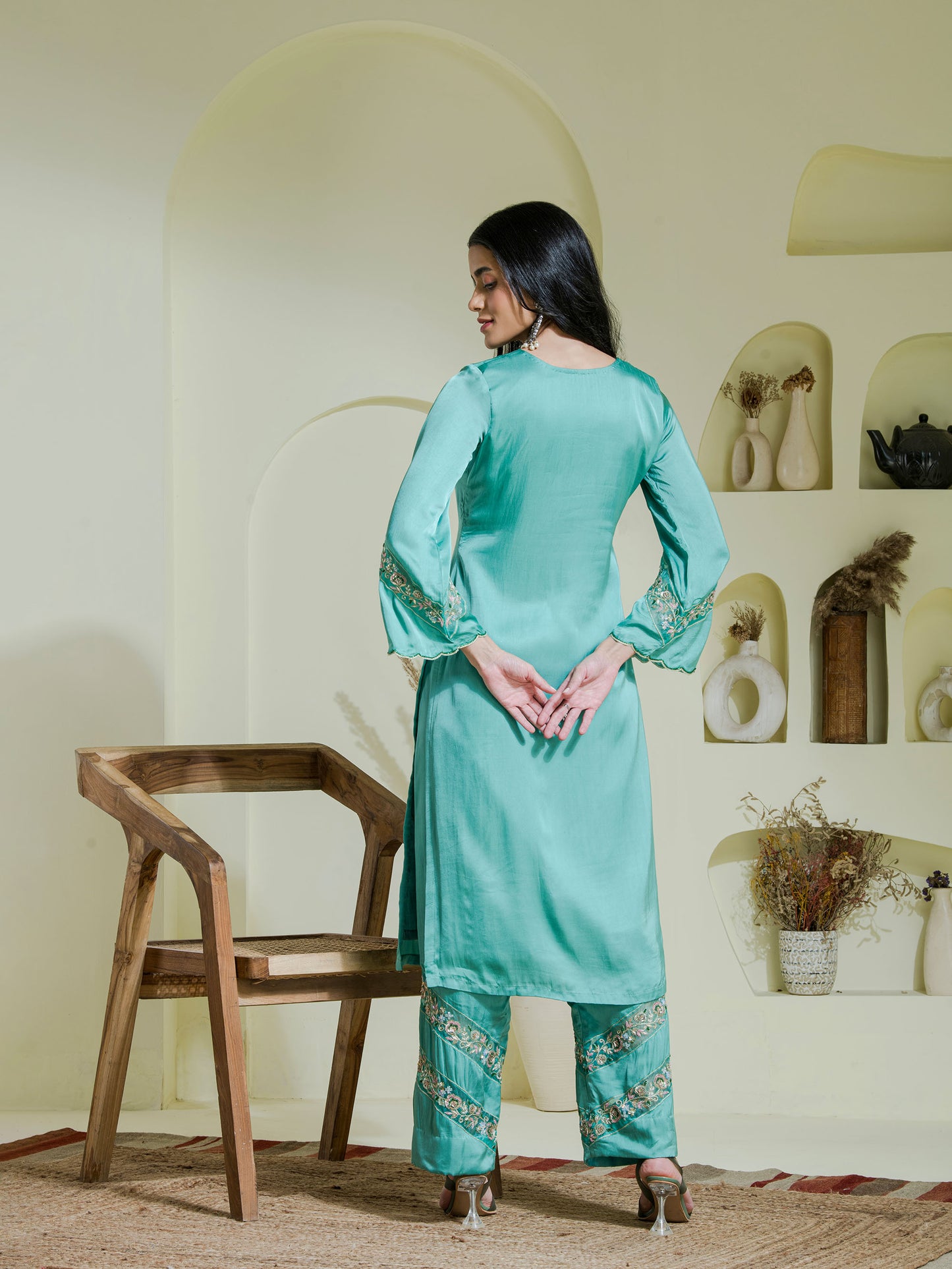 sea green hand embroidered three piece kurta set