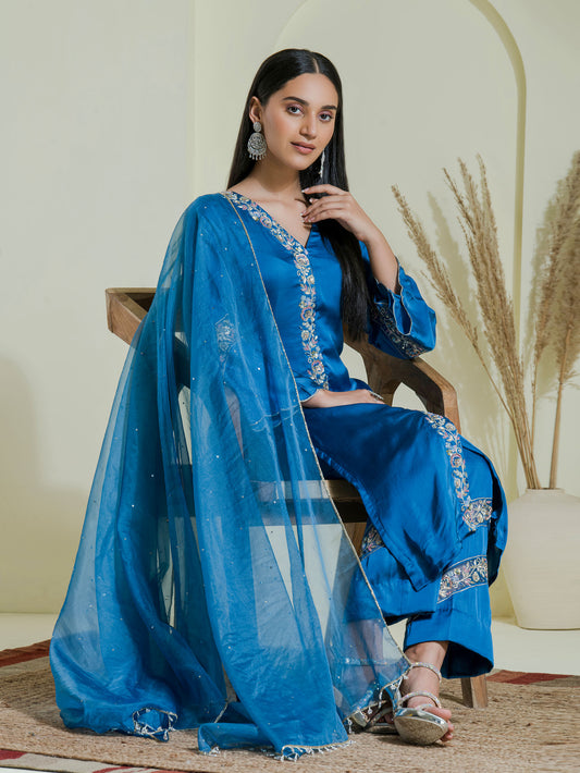 cobalt blue hand embroidered three piece kurta set