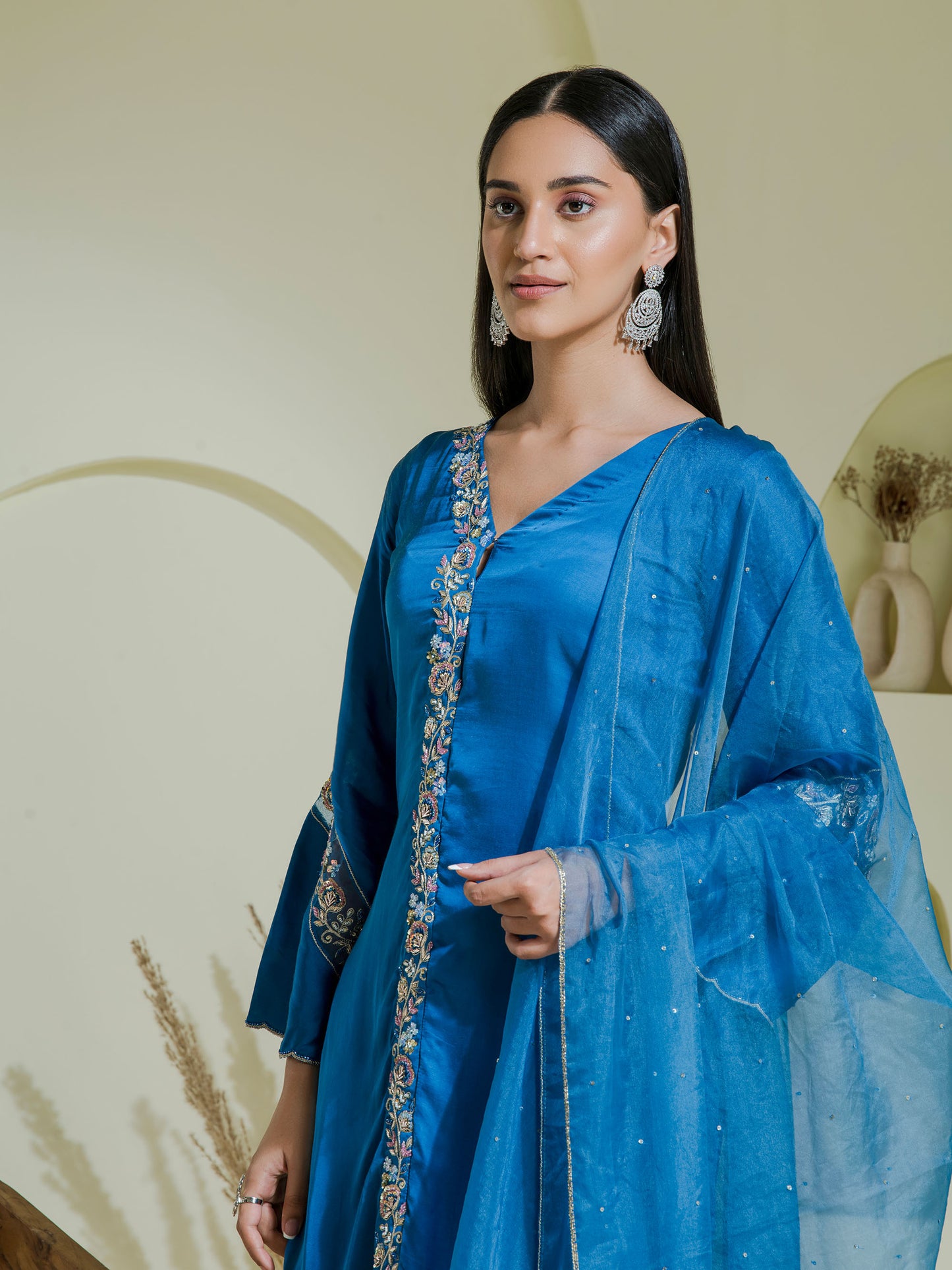 cobalt blue hand embroidered three piece kurta set