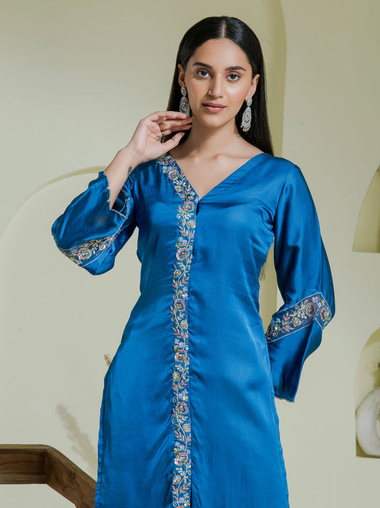 cobalt blue hand embroidered three piece kurta set