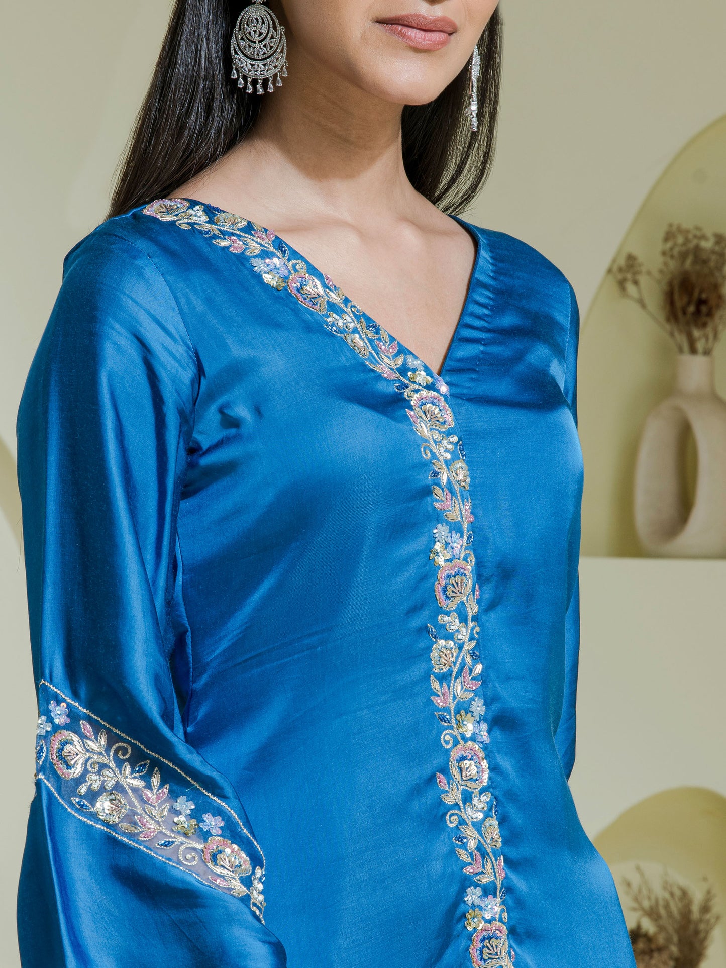 cobalt blue hand embroidered three piece kurta set