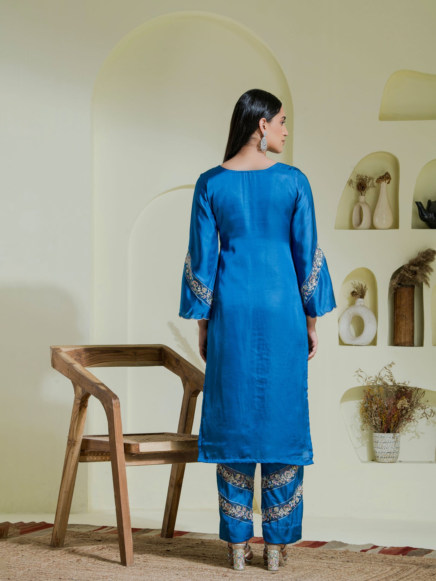 cobalt blue hand embroidered three piece kurta set