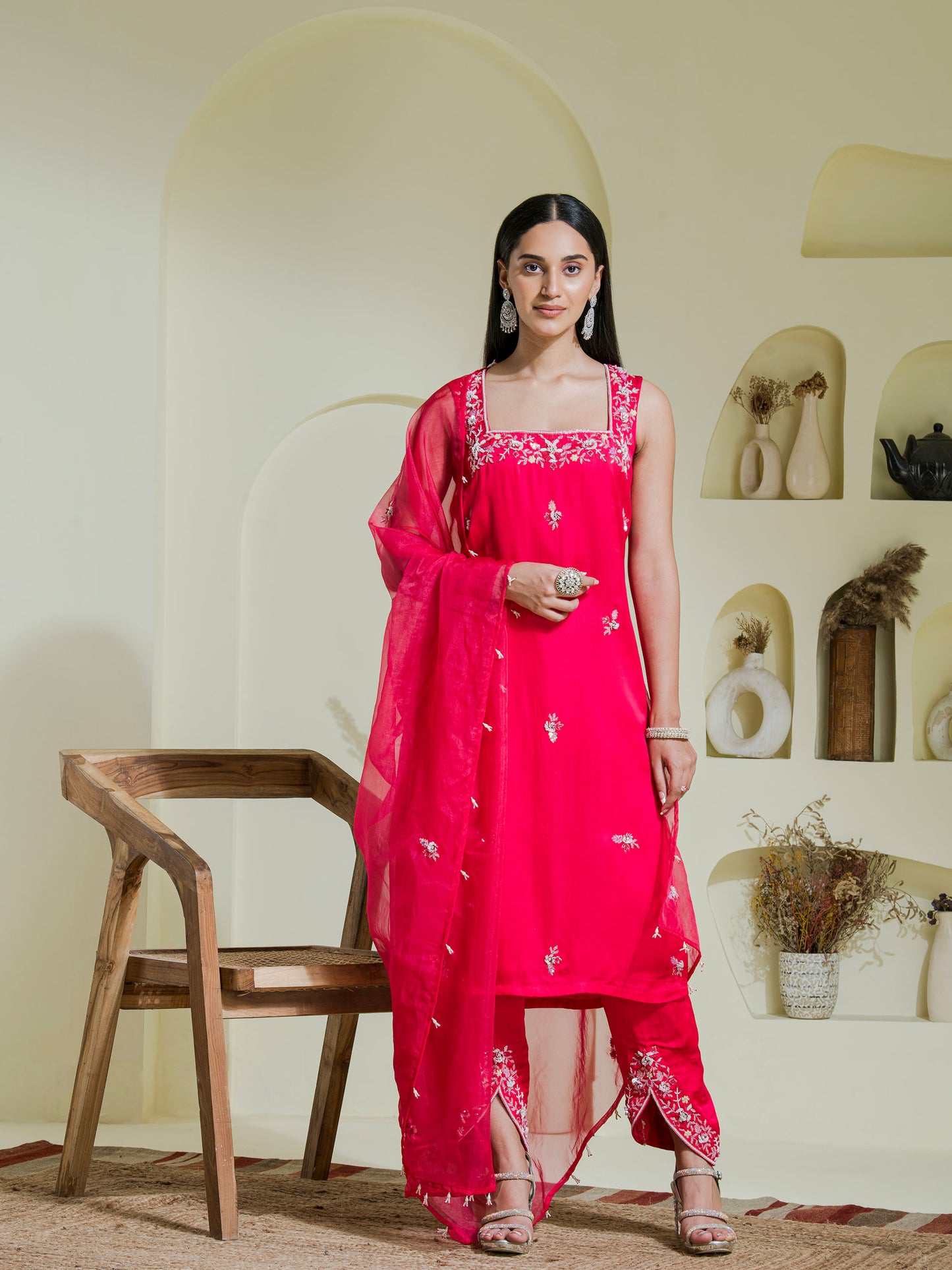 Ruby pink hand embroidered three piece kurta set